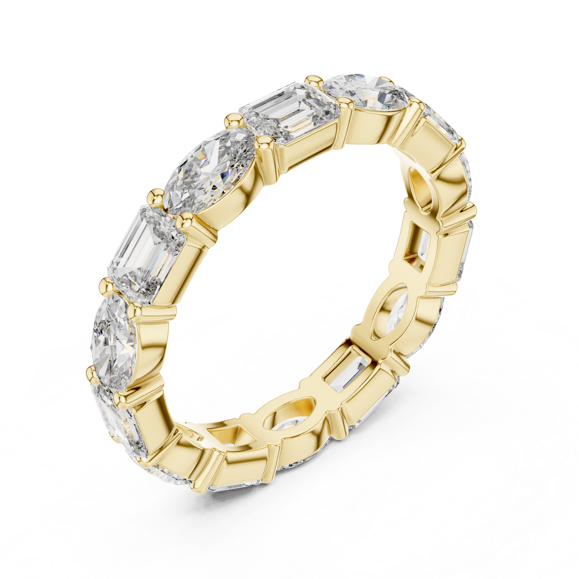 full eternity band features a sophisticated alternation of Emerald and Oval-cut diamonds