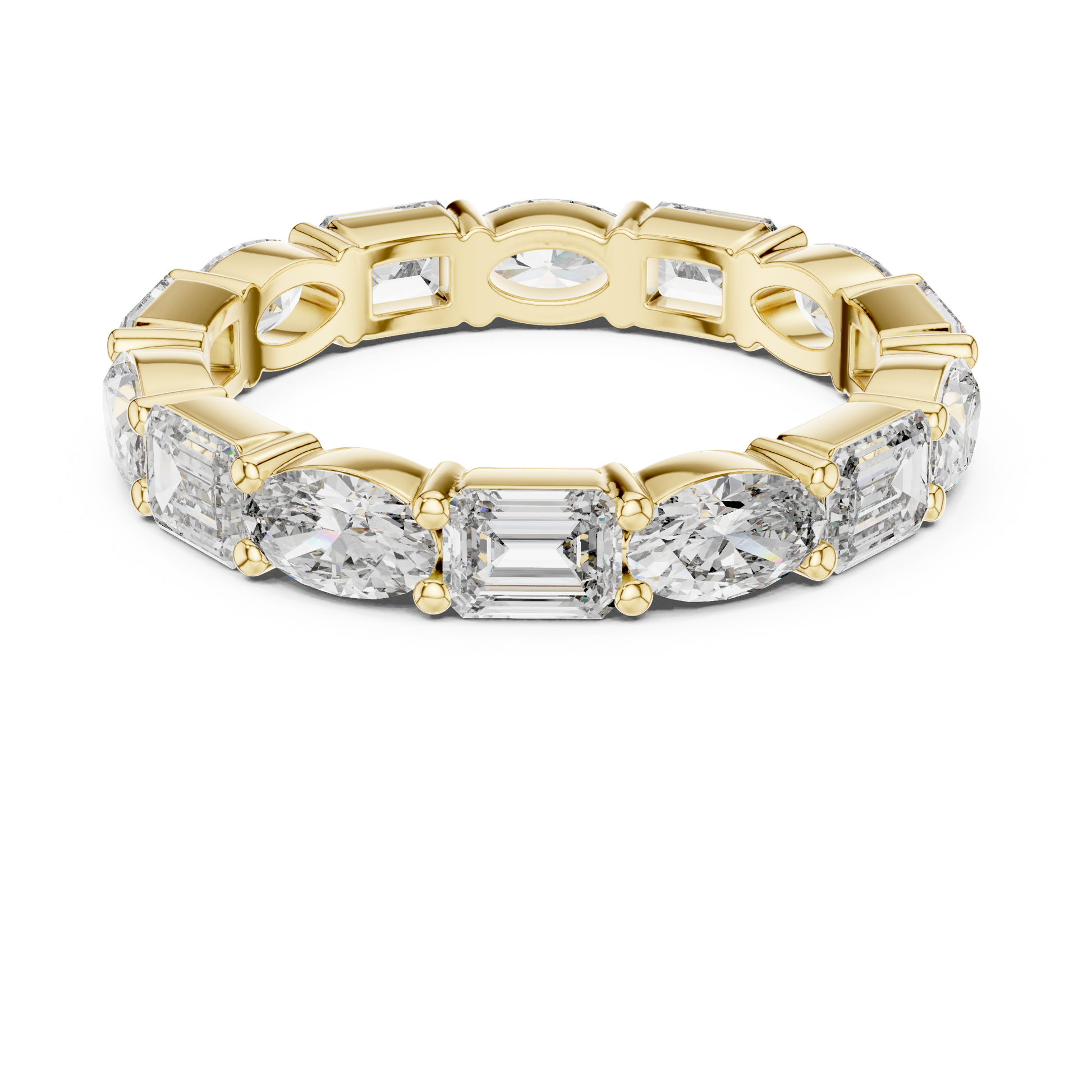 full eternity band features a sophisticated alternation of Emerald and Oval-cut diamonds
