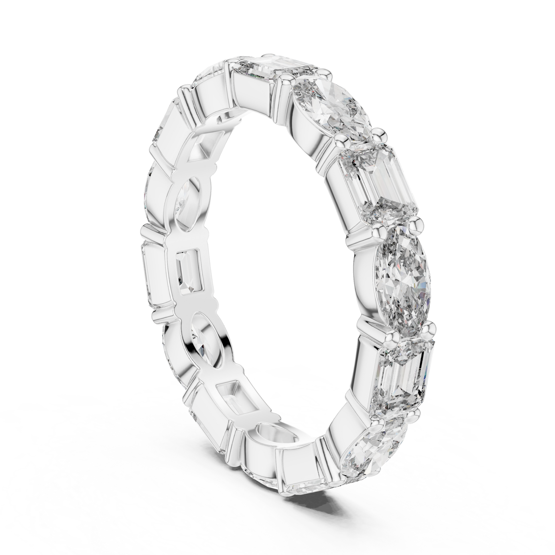full eternity band features a sophisticated alternation of Emerald and Oval-cut diamonds