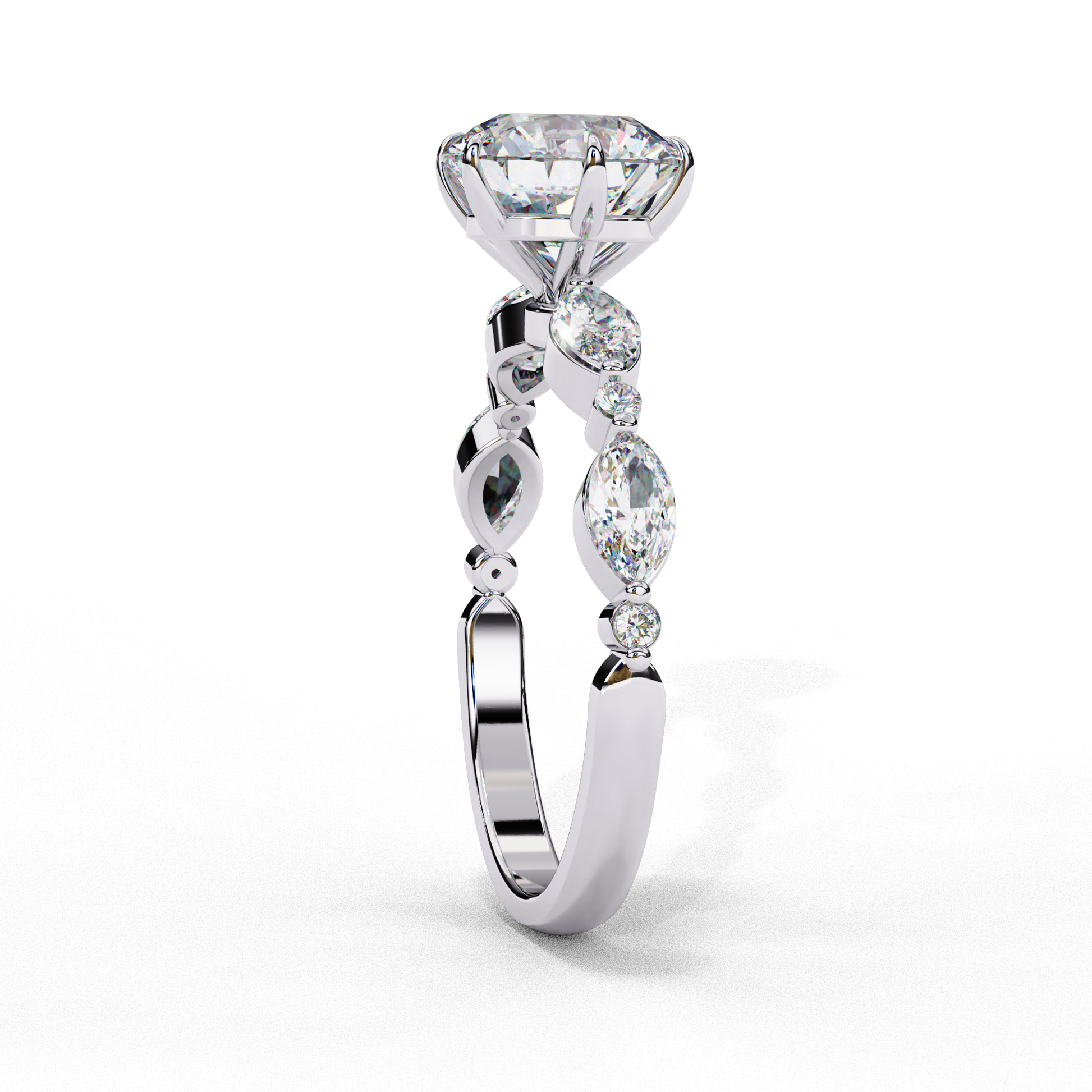 Features a Round Brilliant solitaire flanked by a unique arrangement of Marquise and Round accent diamonds along the band