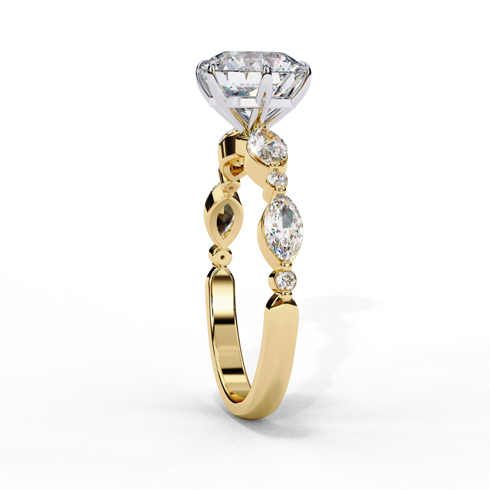 Features a Round Brilliant solitaire flanked by a unique arrangement of Marquise and Round accent diamonds along the band