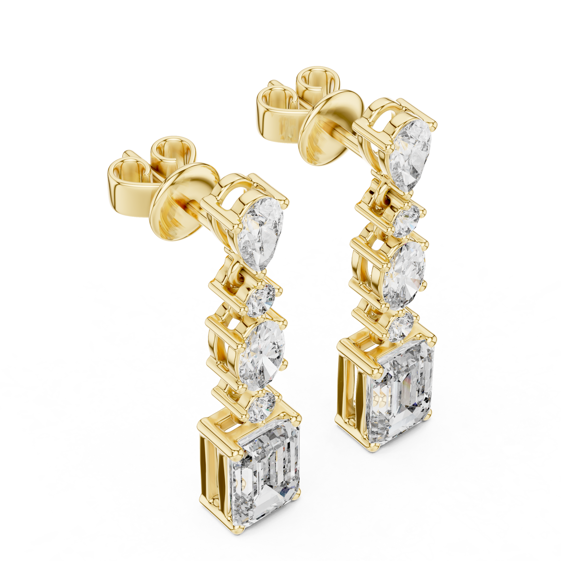 Gold and diamond earrings on a white background