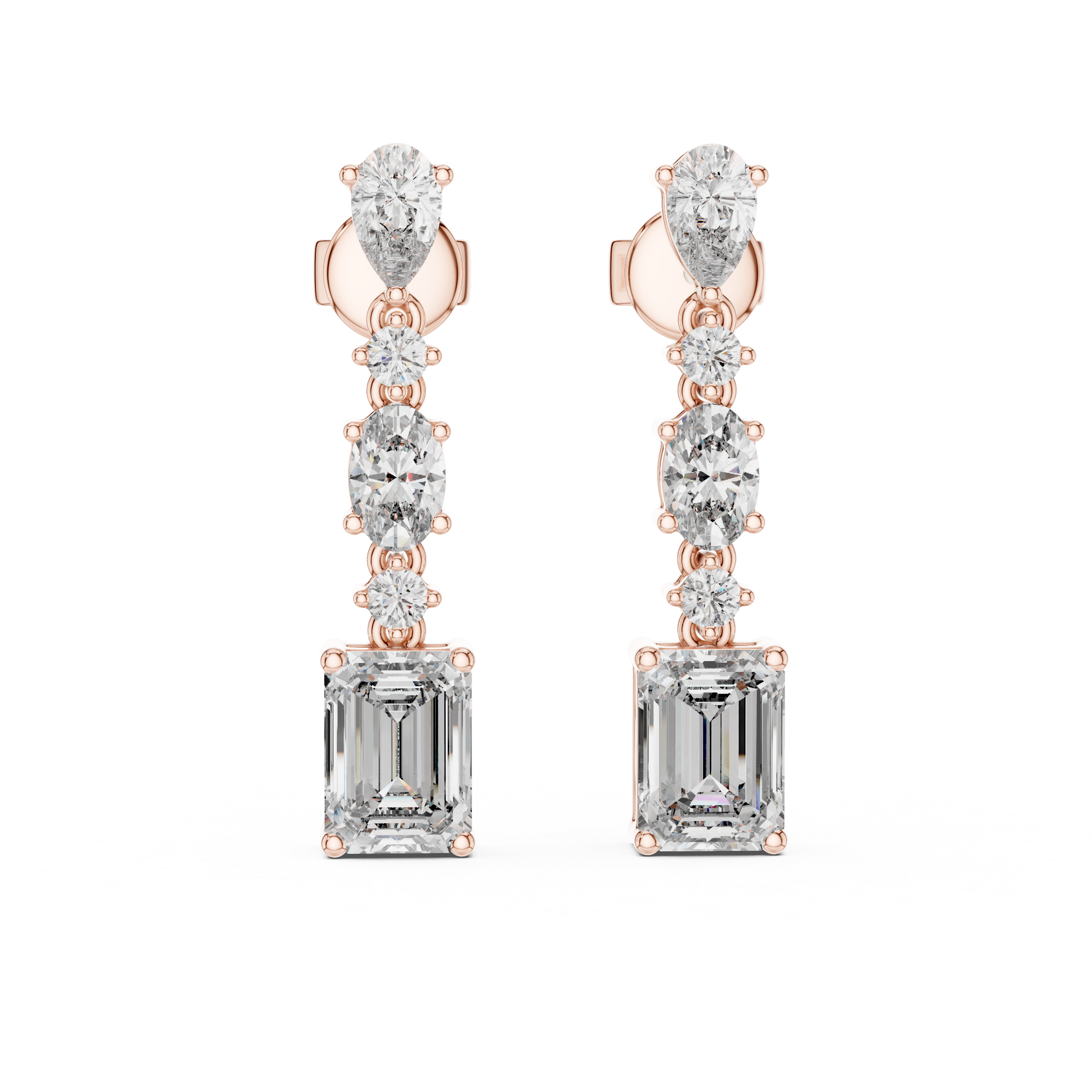 Rose Gold and diamond earrings on a white background