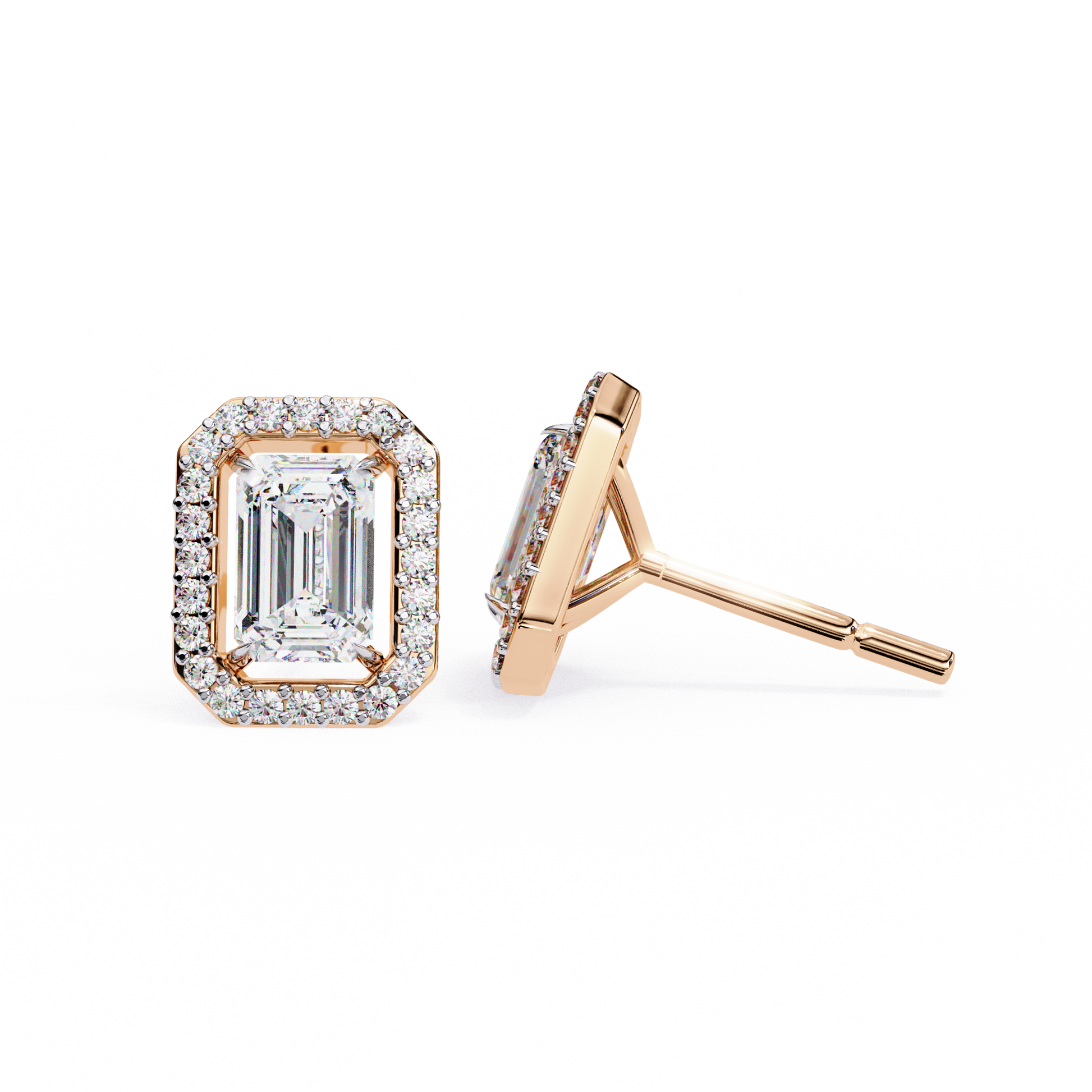 Rose gold emerald-cut diamond stud earring on a white background