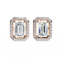 Pair of diamond earrings with rose gold frames on a white background