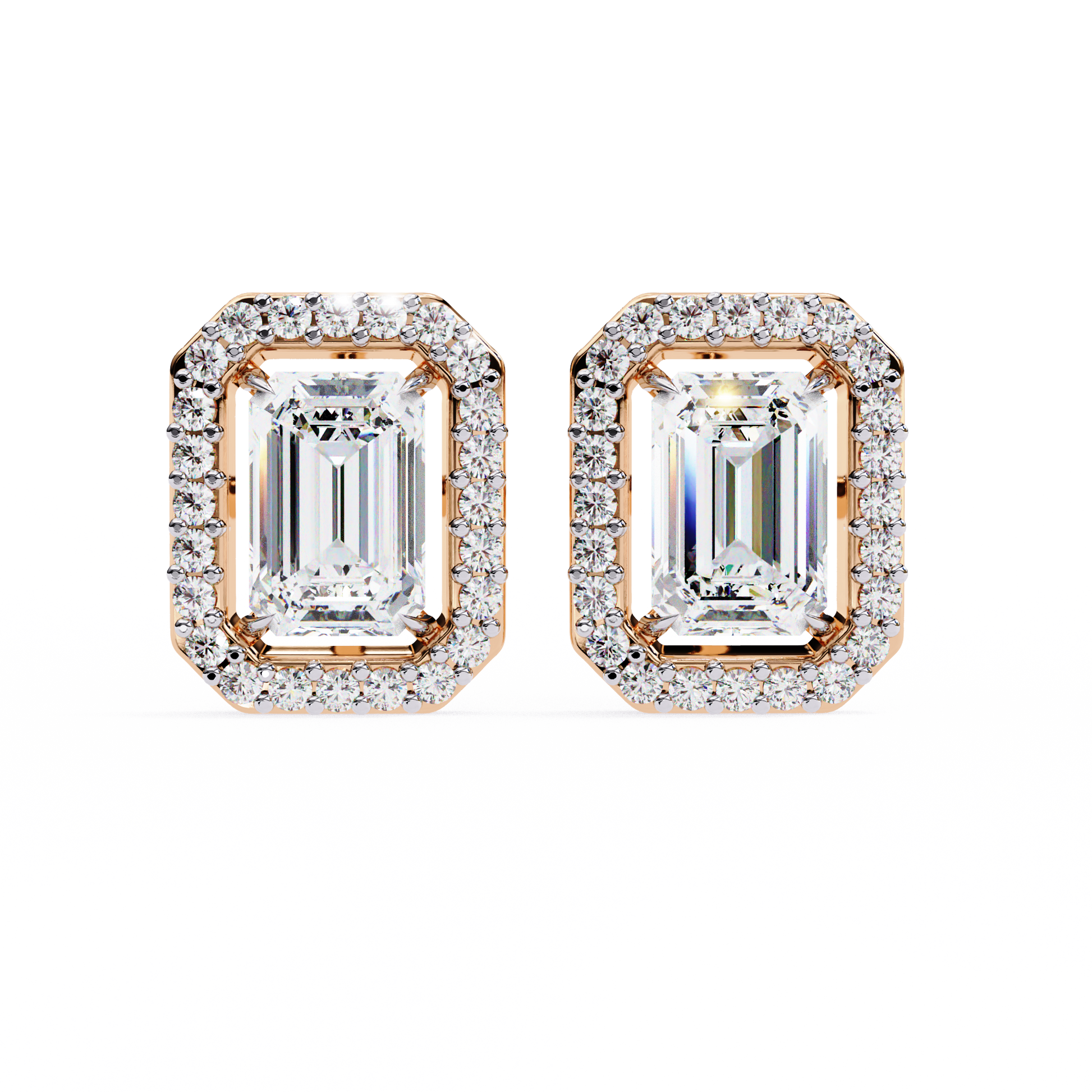 Pair of diamond earrings with rose gold frames on a white background