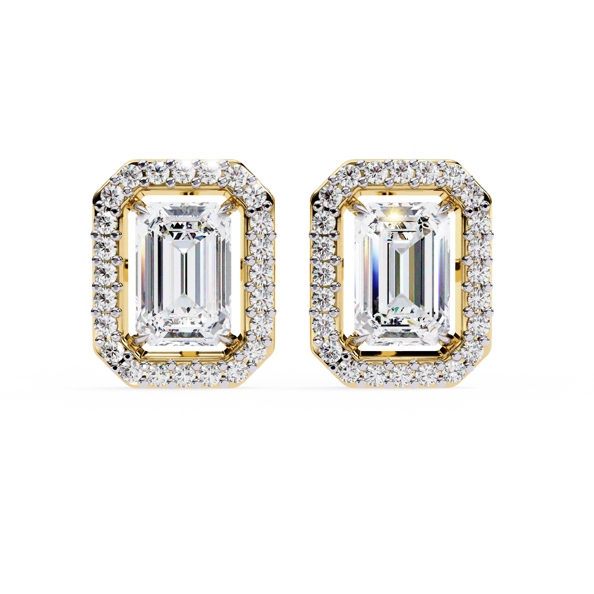 Pair of diamond earrings with gold accents on a white background