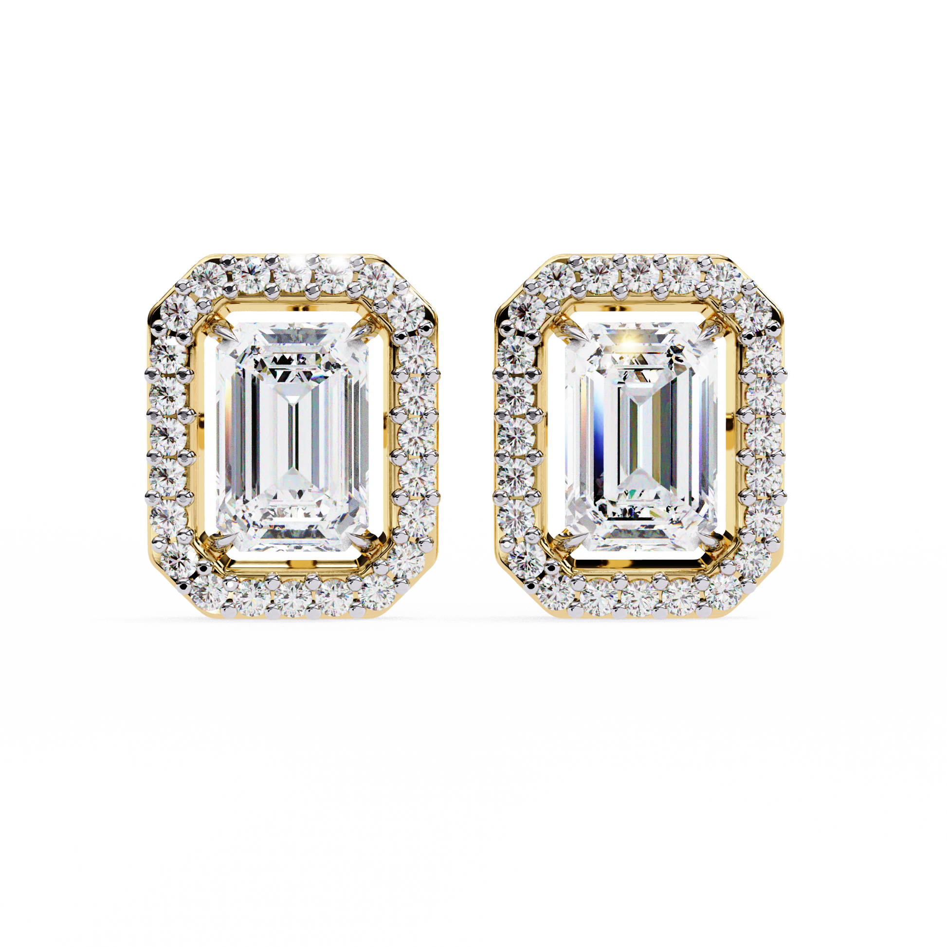 Pair of diamond earrings with gold accents on a white background