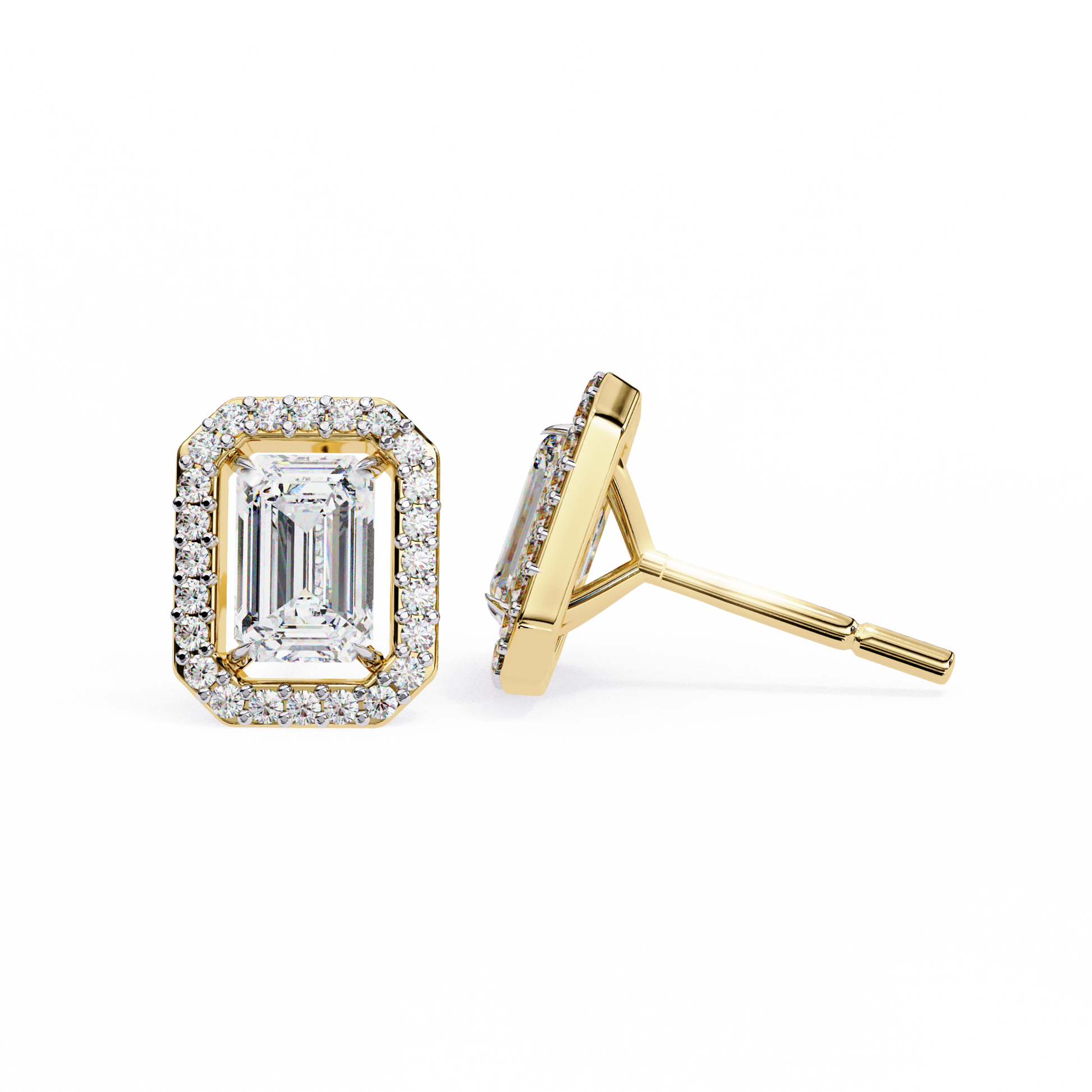 Gold emerald-cut diamond stud earring on a white background