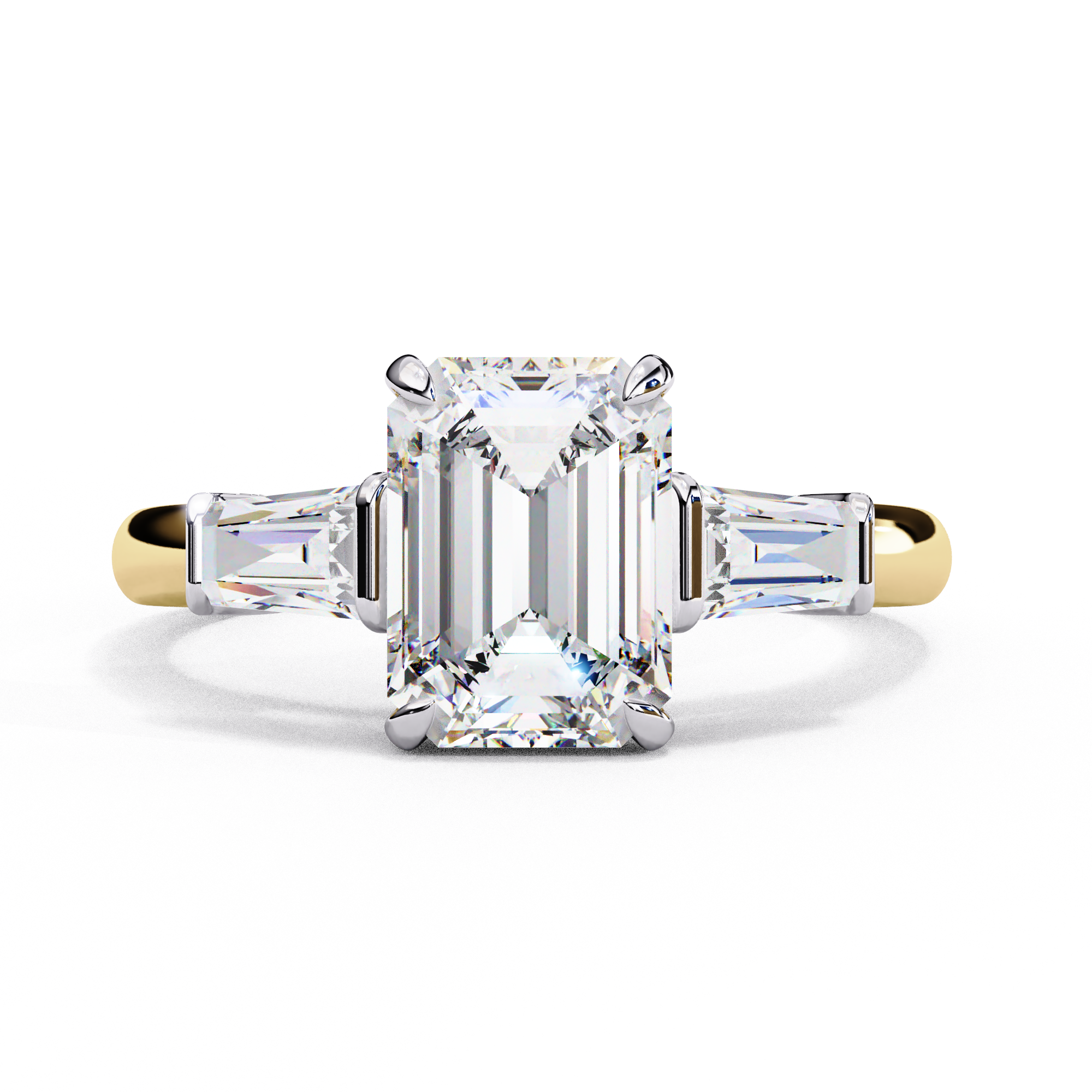 ring features a magnificent Emerald-cut centre flanked by two tapering baguette diamonds