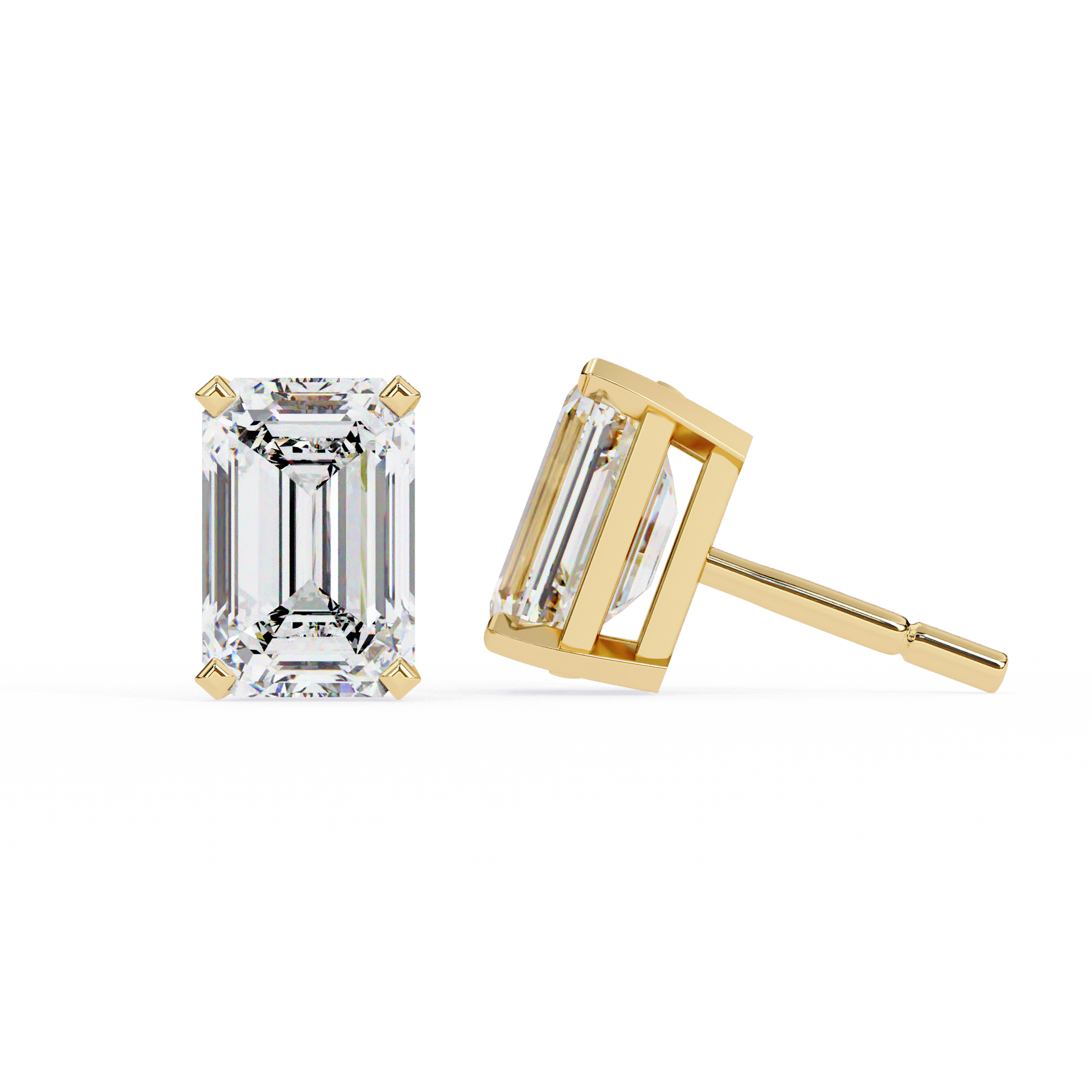 Gold emerald-cut stud earrings on a white background