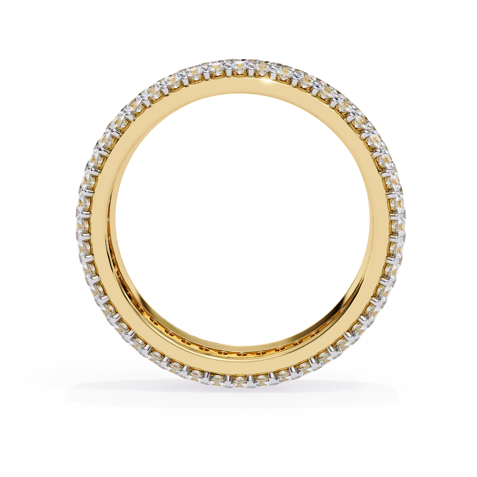 full eternity band features five continuous rows of micro-pave set Round Brilliant Diamonds, creating a literal "Wall of Light" around the finger