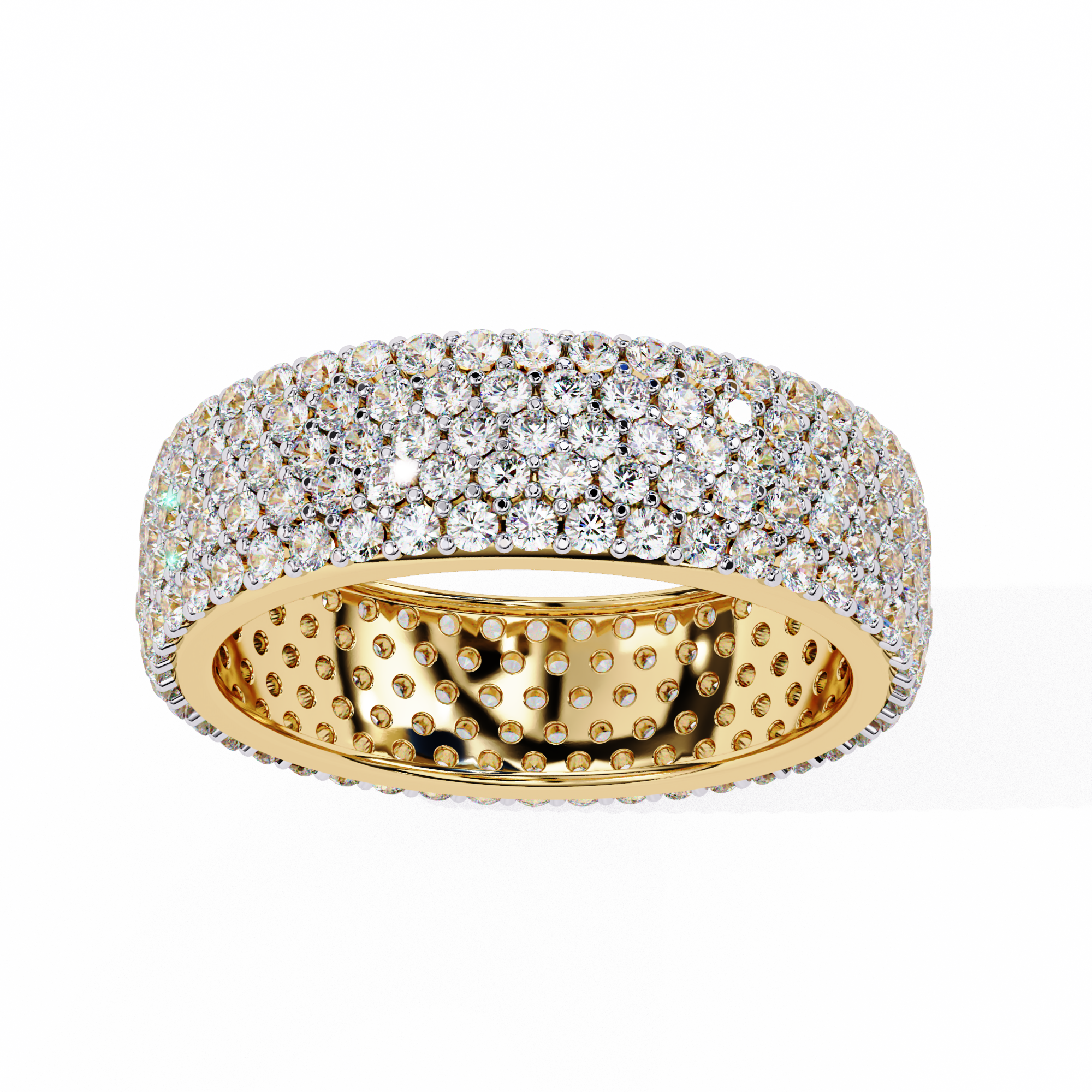 full eternity band features five continuous rows of micro-pave set Round Brilliant Diamonds, creating a literal "Wall of Light" around the finger