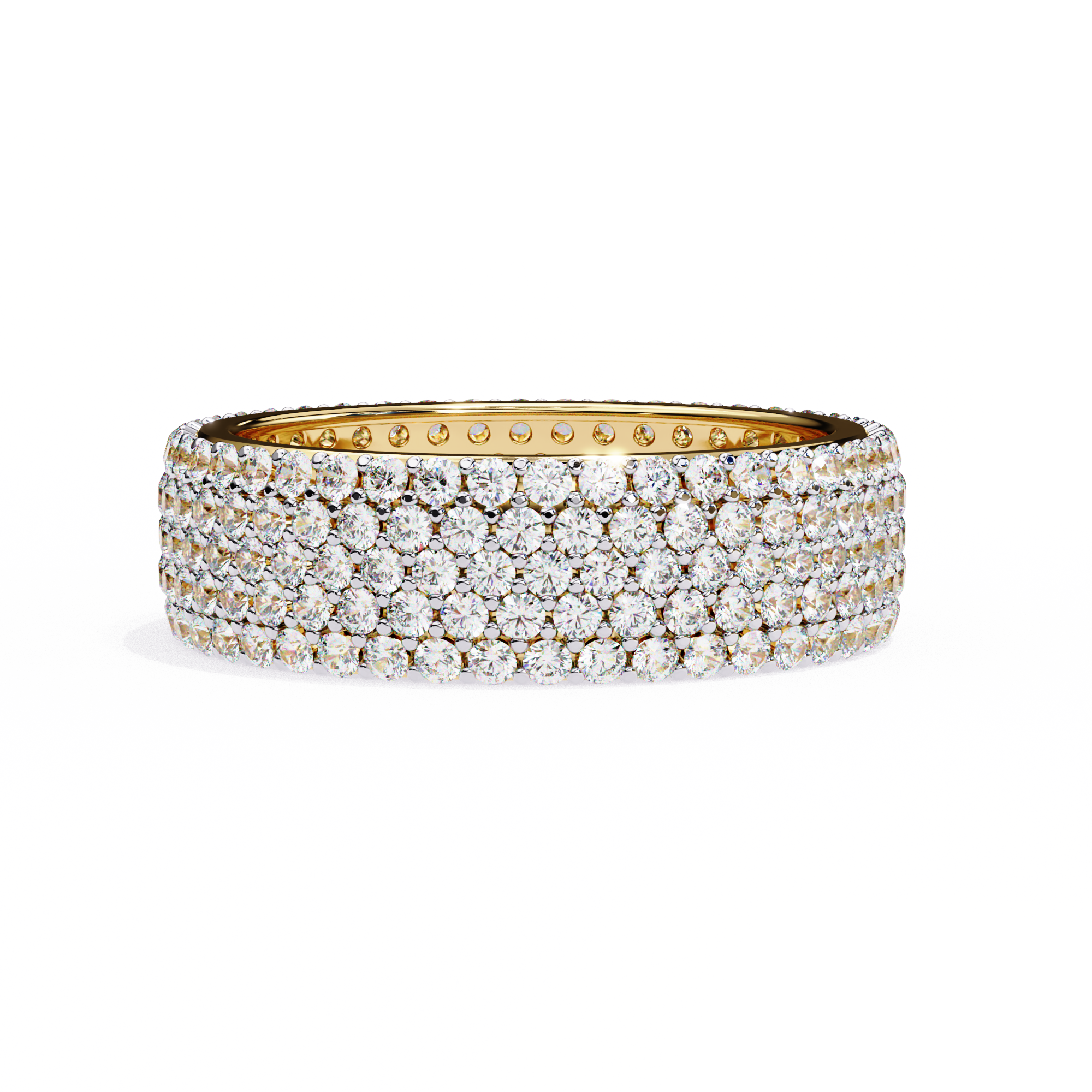full eternity band features five continuous rows of micro-pave set Round Brilliant Diamonds, creating a literal "Wall of Light" around the finger