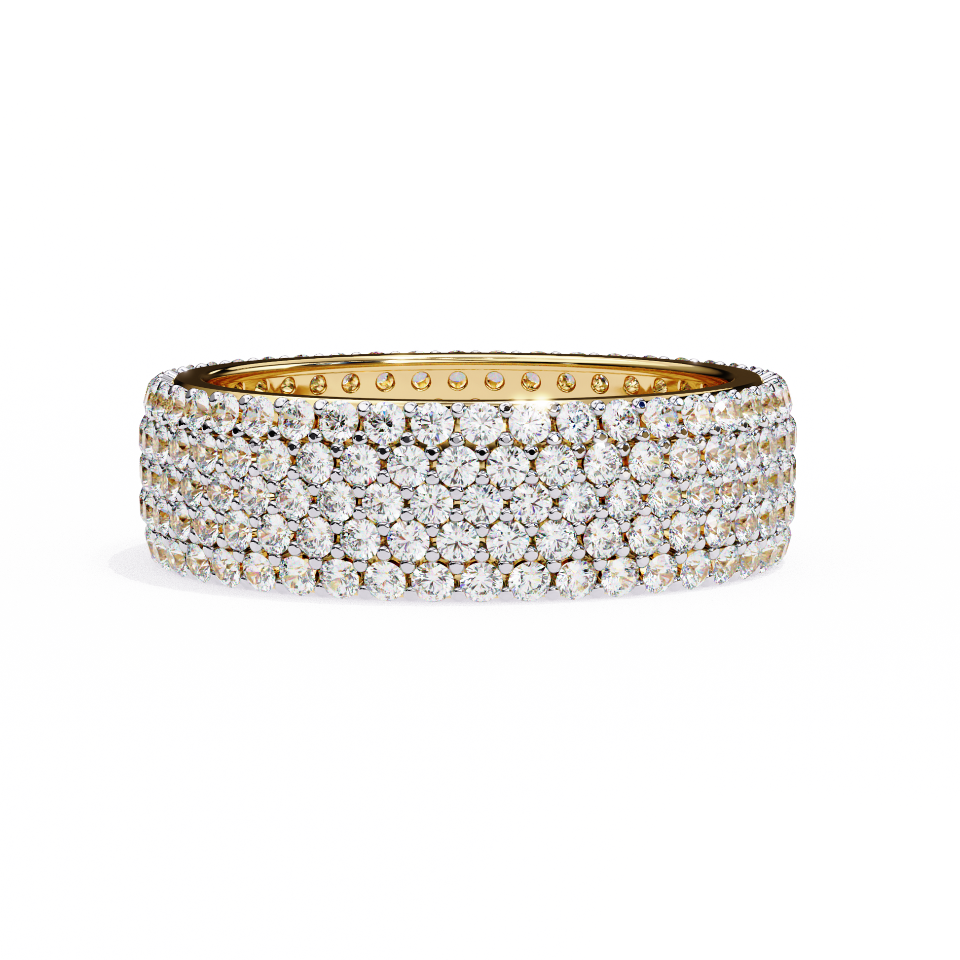 full eternity band features five continuous rows of micro-pave set Round Brilliant Diamonds, creating a literal "Wall of Light" around the finger