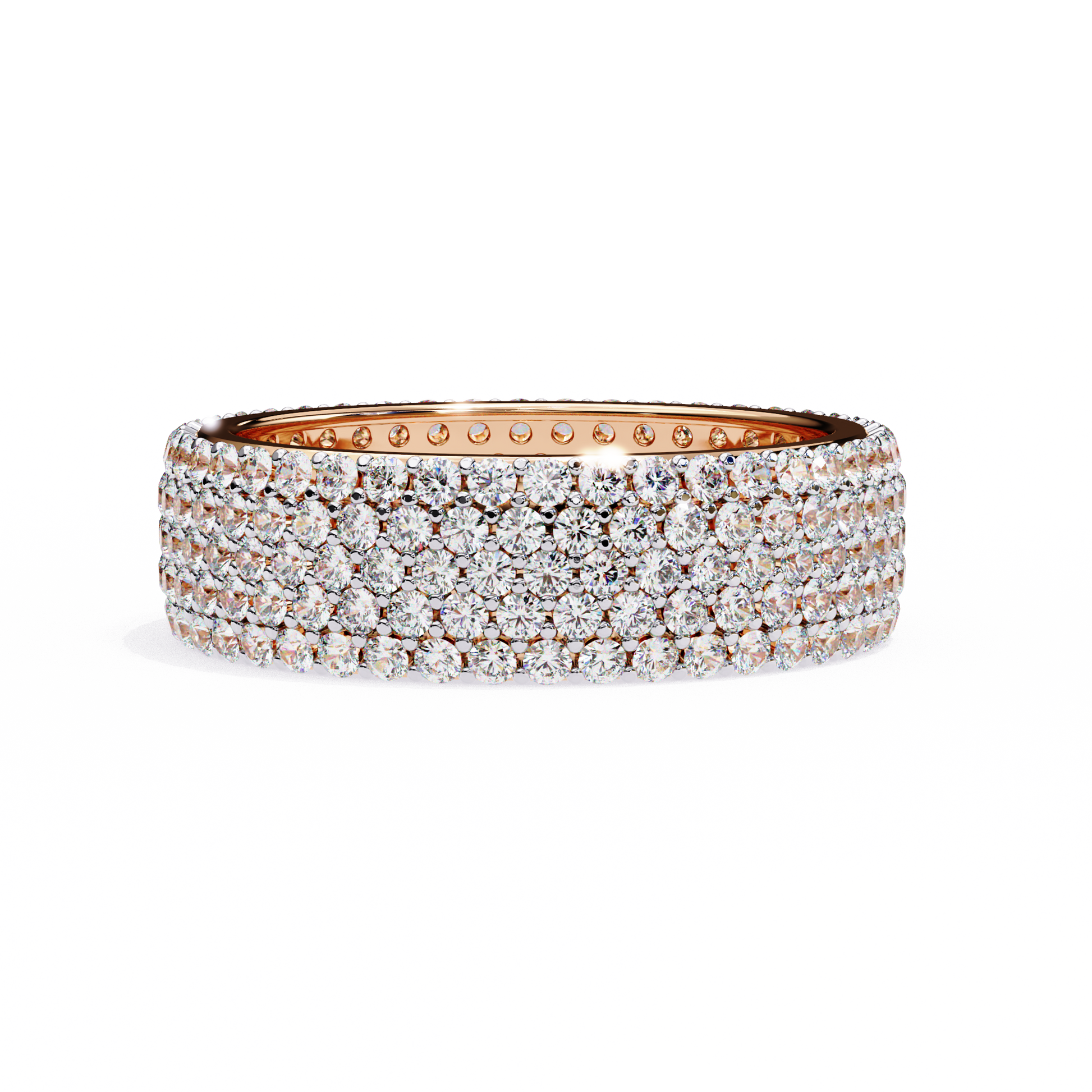 full eternity band features five continuous rows of micro-pave set Round Brilliant Diamonds, creating a literal "Wall of Light" around the finger
