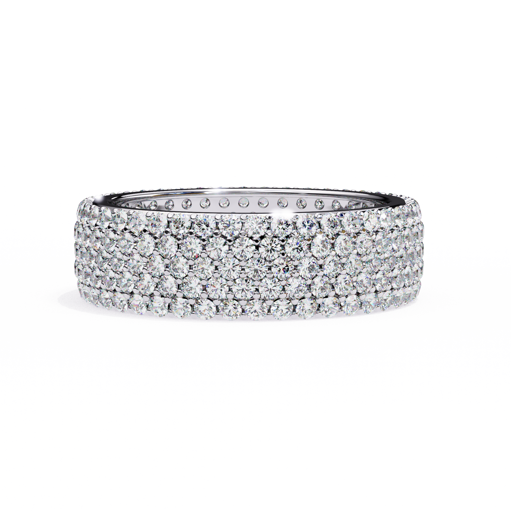 full eternity band features five continuous rows of micro-pave set Round Brilliant Diamonds, creating a literal "Wall of Light" around the finger