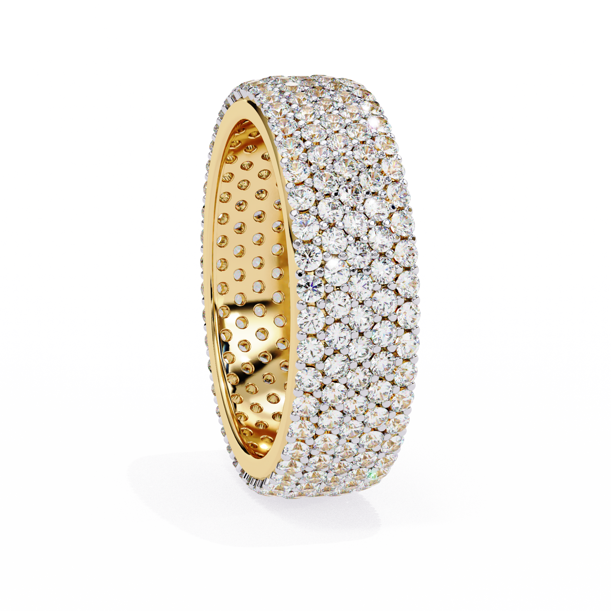 full eternity band features five continuous rows of micro-pave set Round Brilliant Diamonds, creating a literal "Wall of Light" around the finger