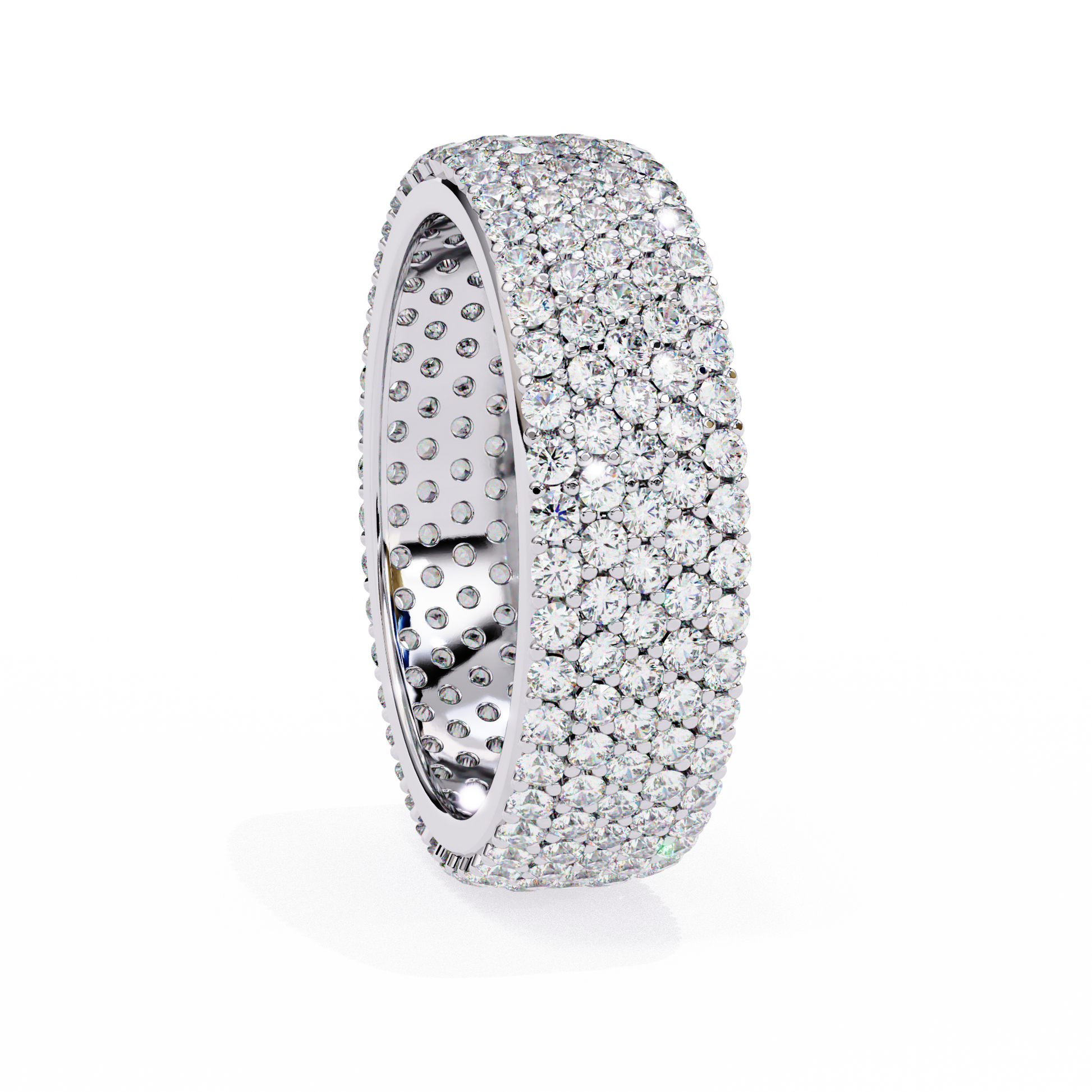 full eternity band features five continuous rows of micro-pave set Round Brilliant Diamonds, creating a literal "Wall of Light" around the finger
