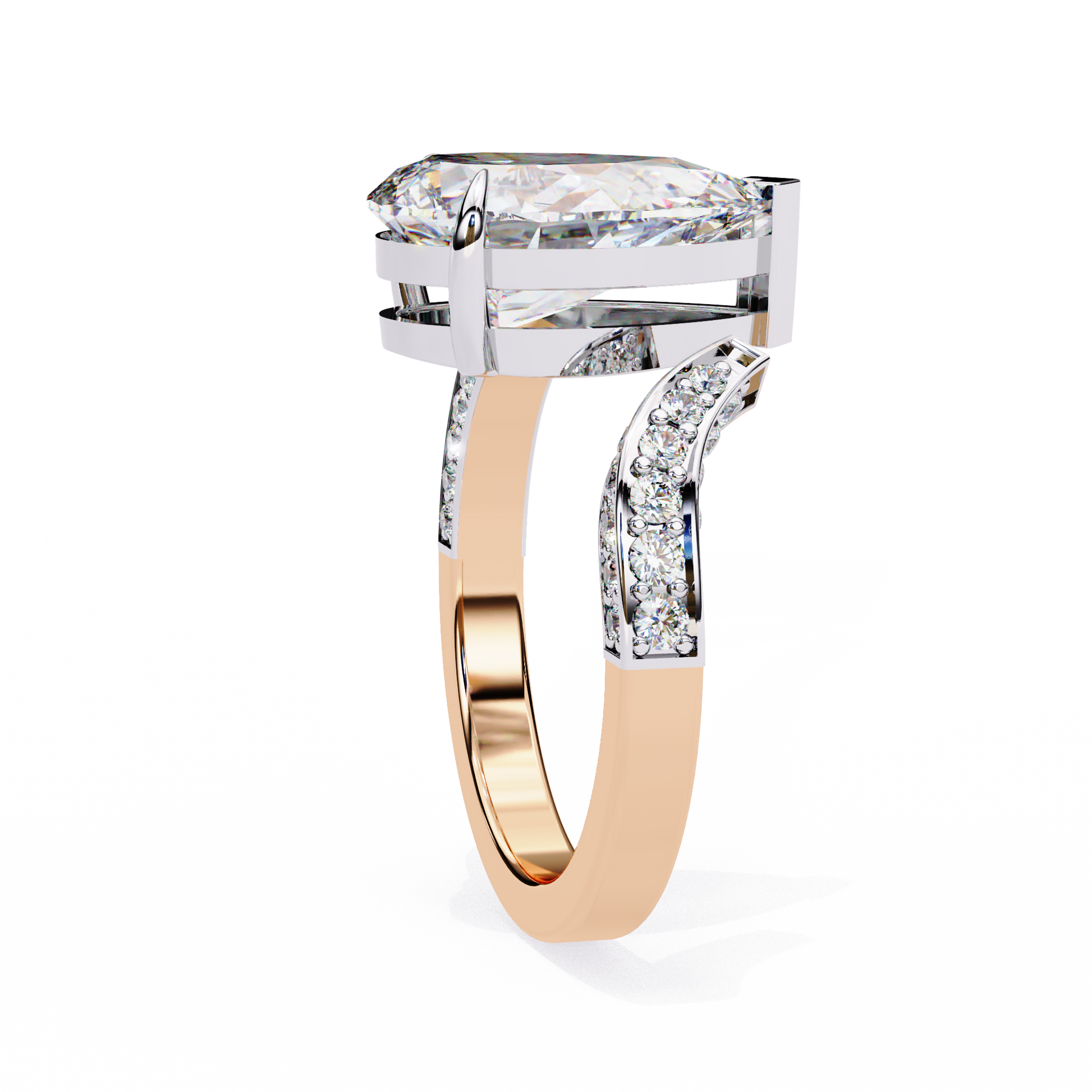 features a breathtaking Pear centre that appears to hover above the finger, supported by a unique detached double-band design