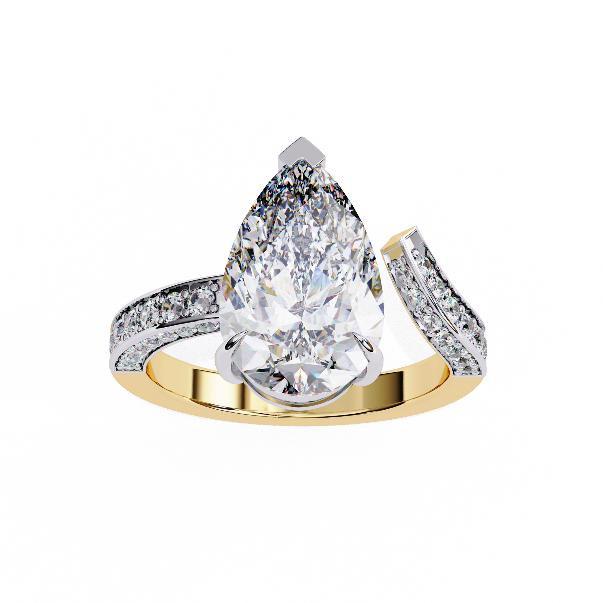 features a breathtaking Pear centre that appears to hover above the finger, supported by a unique detached double-band design