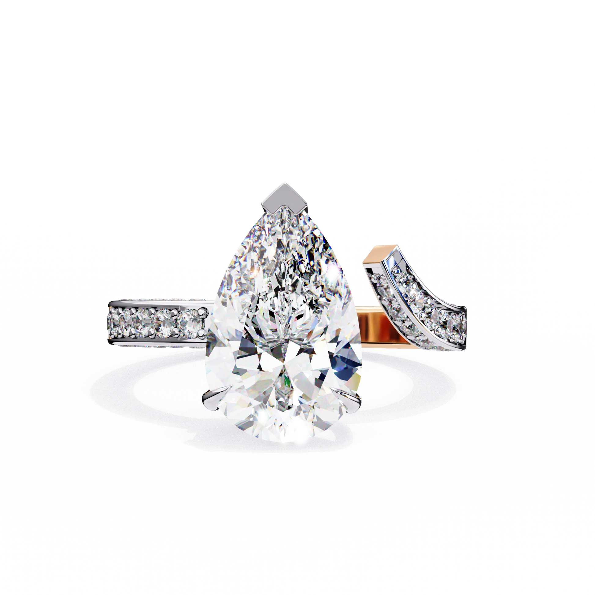 features a breathtaking Pear centre that appears to hover above the finger, supported by a unique detached double-band design