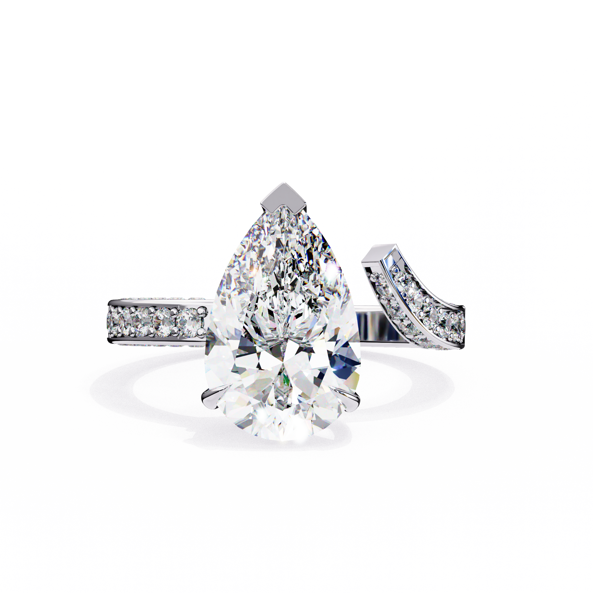 features a breathtaking Pear centre that appears to hover above the finger, supported by a unique detached double-band design