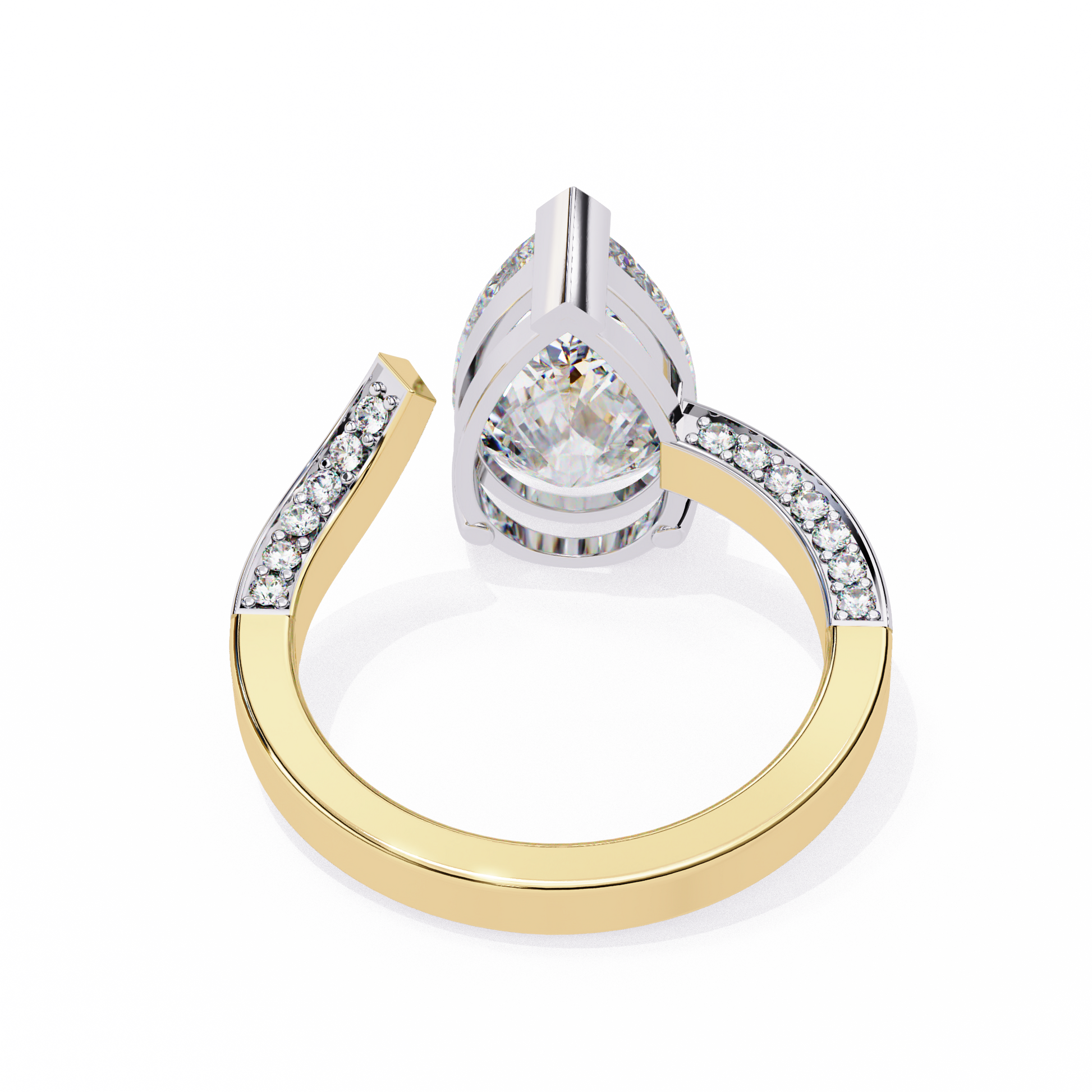 features a breathtaking Pear centre that appears to hover above the finger, supported by a unique detached double-band design