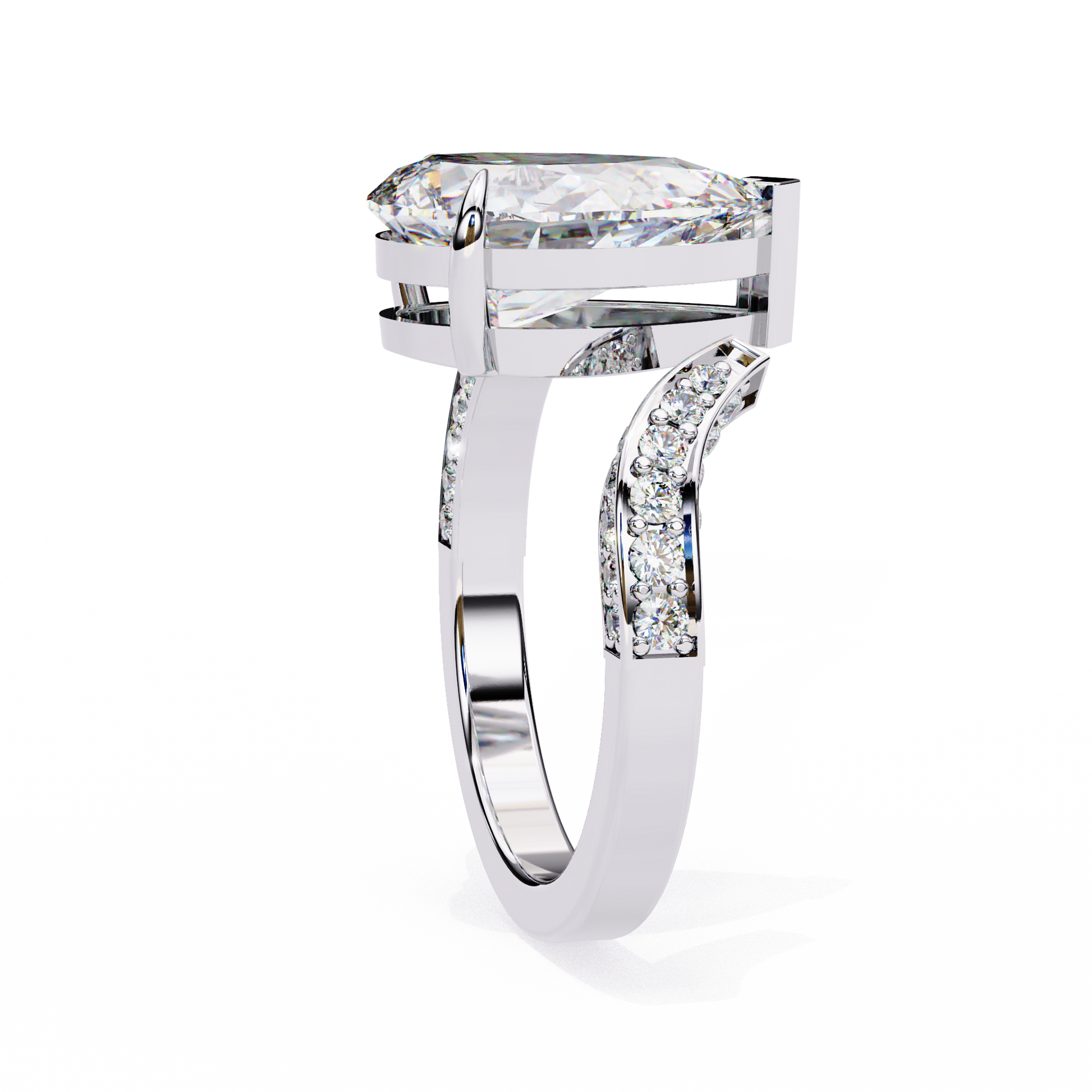 features a breathtaking Pear centre that appears to hover above the finger, supported by a unique detached double-band design