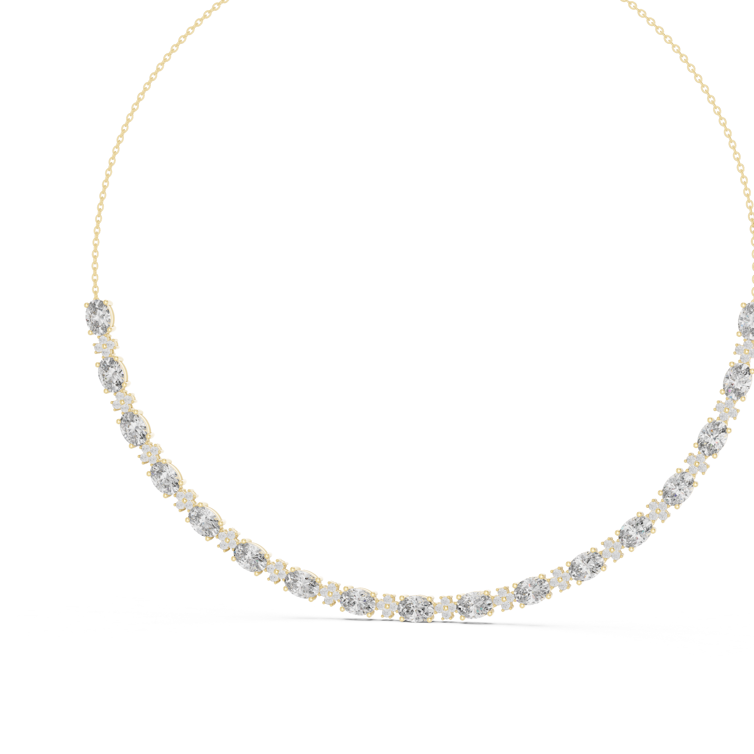 Gold necklace with embedded diamonds on a white background