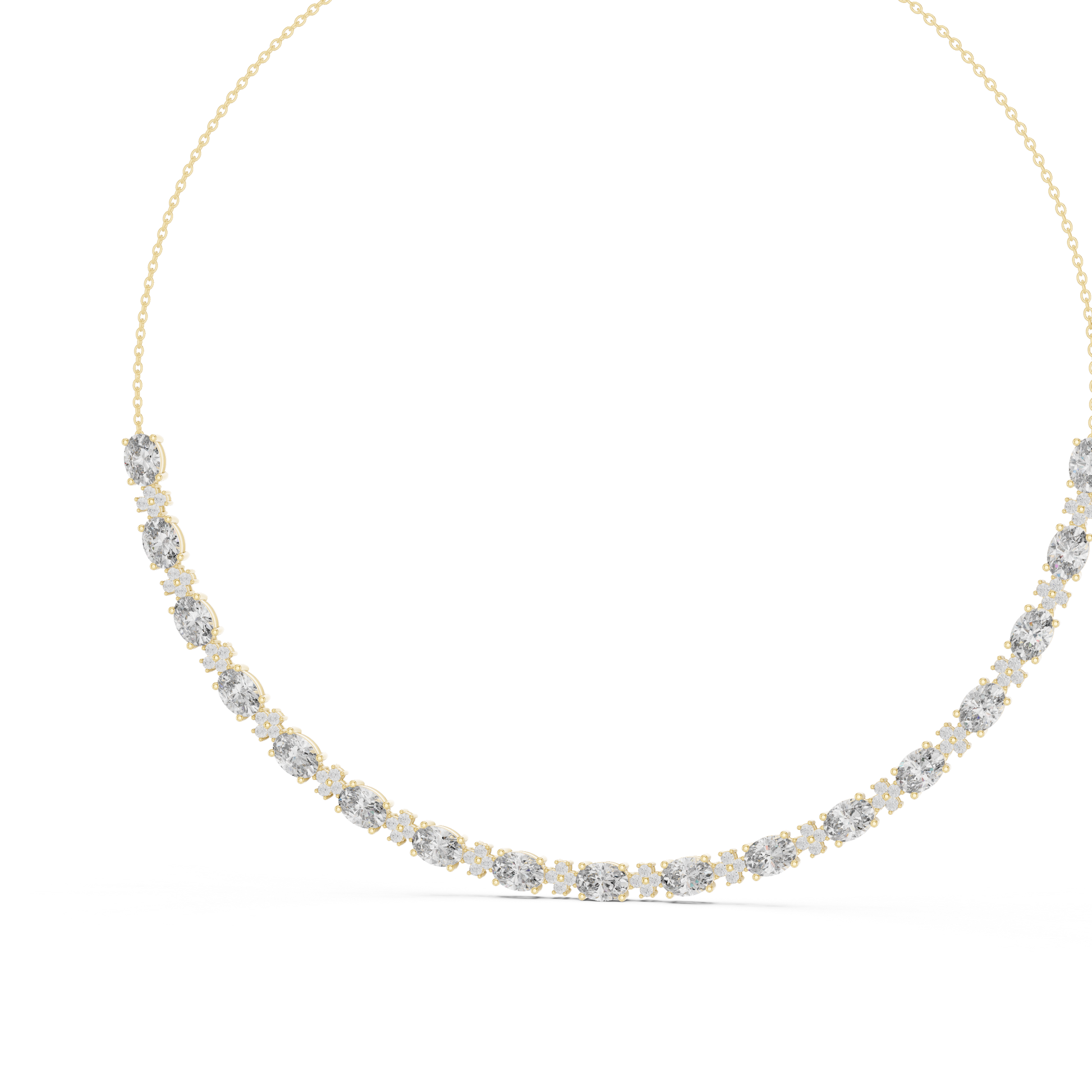 Gold necklace with embedded diamonds on a white background