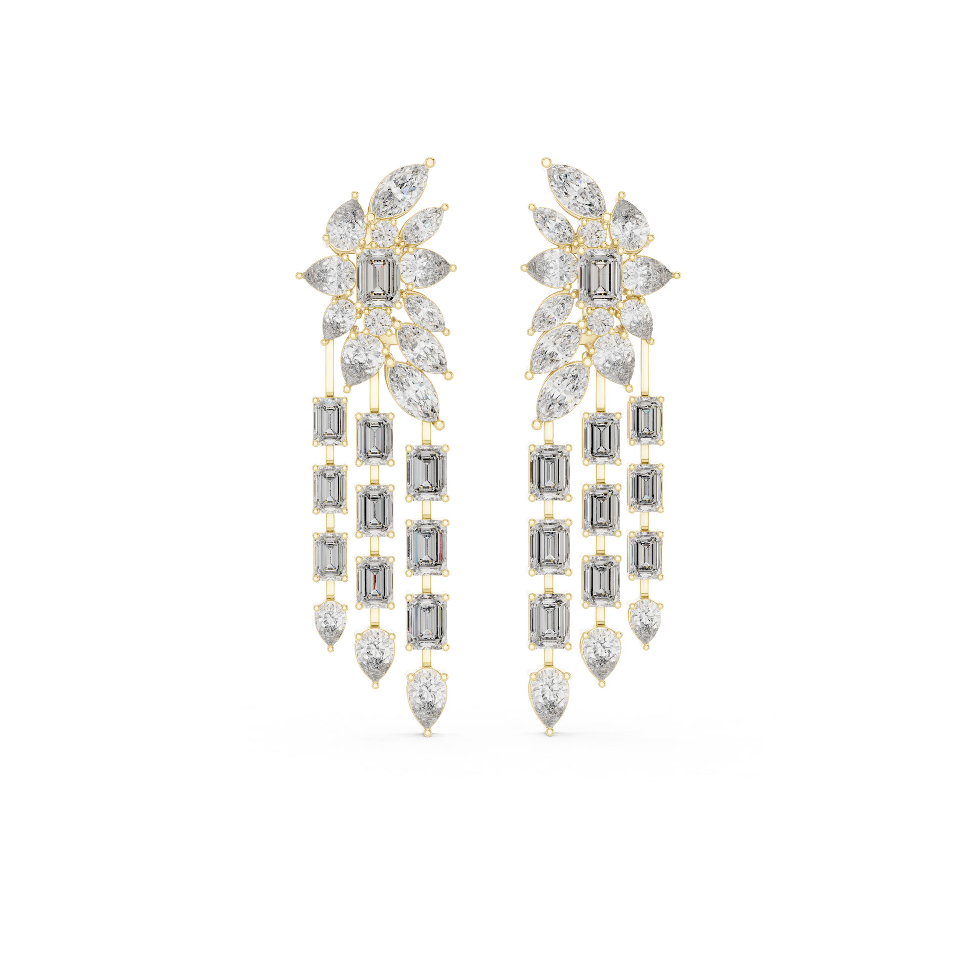 complex top cluster featuring a central Emerald Diamond framed by glistening Pear and Marquise cuts