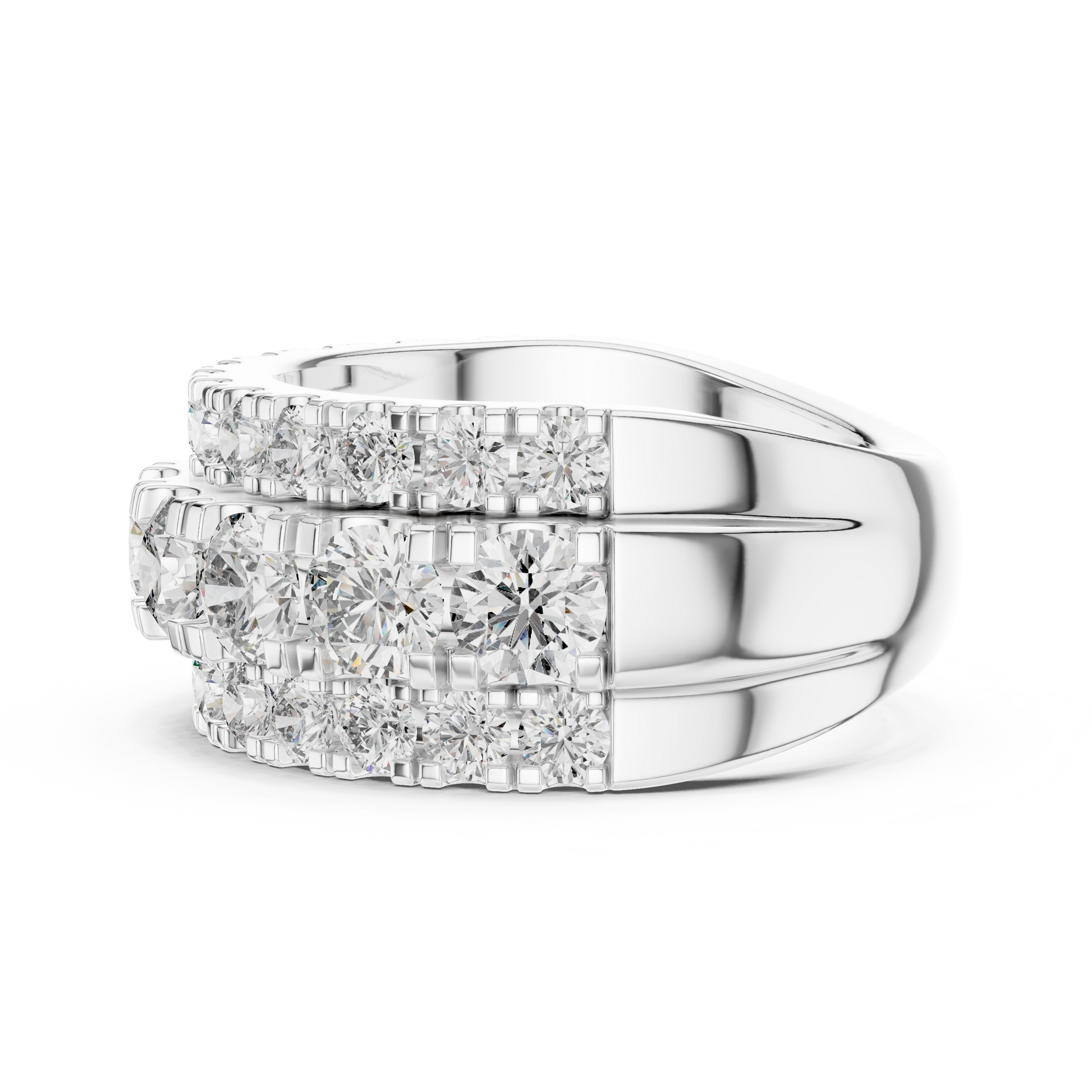 half-eternity band features a substantial line of Round Brilliant Diamonds