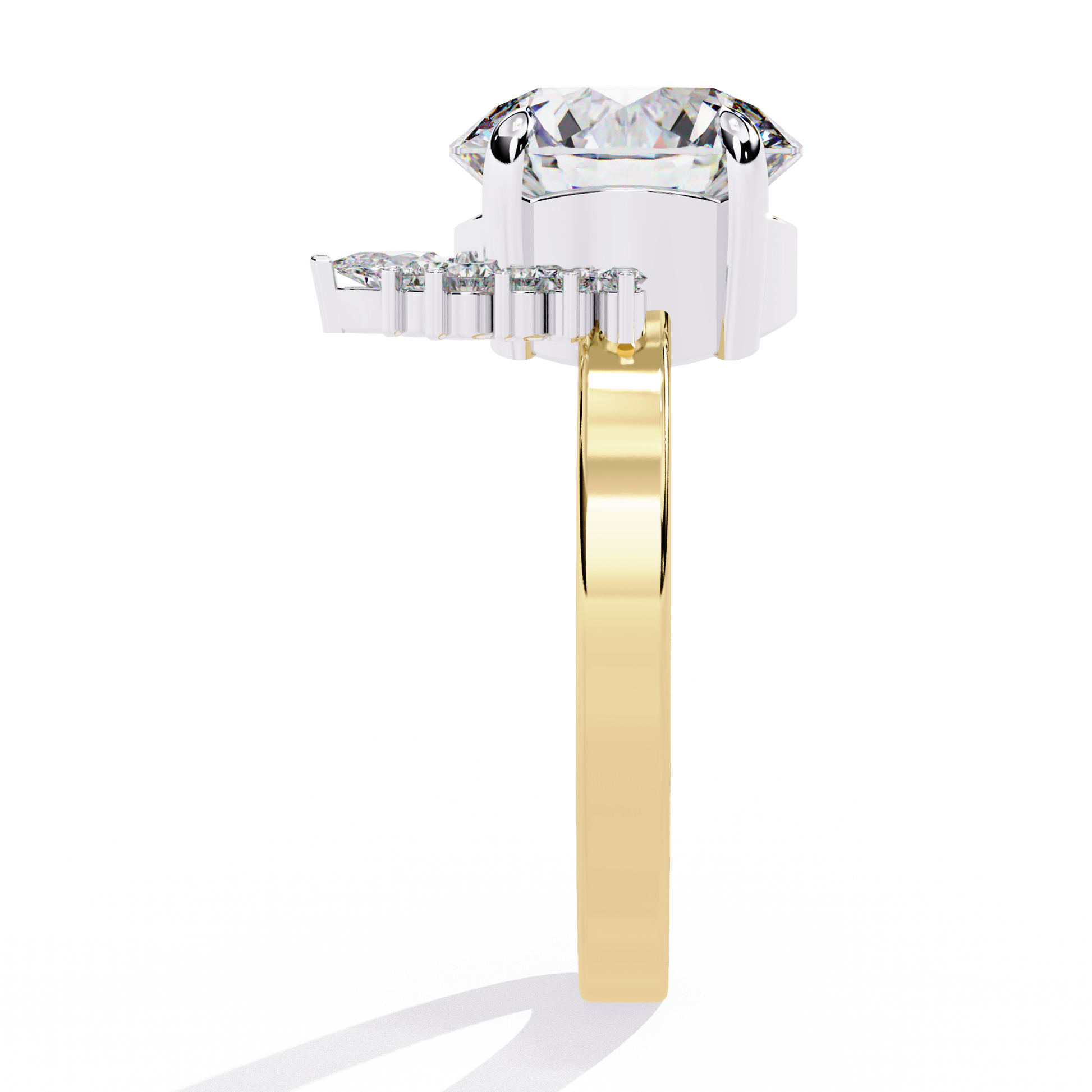 Features a commanding Round Brilliant solitaire framed by a unique half-halo crescent of shimmering accent diamonds