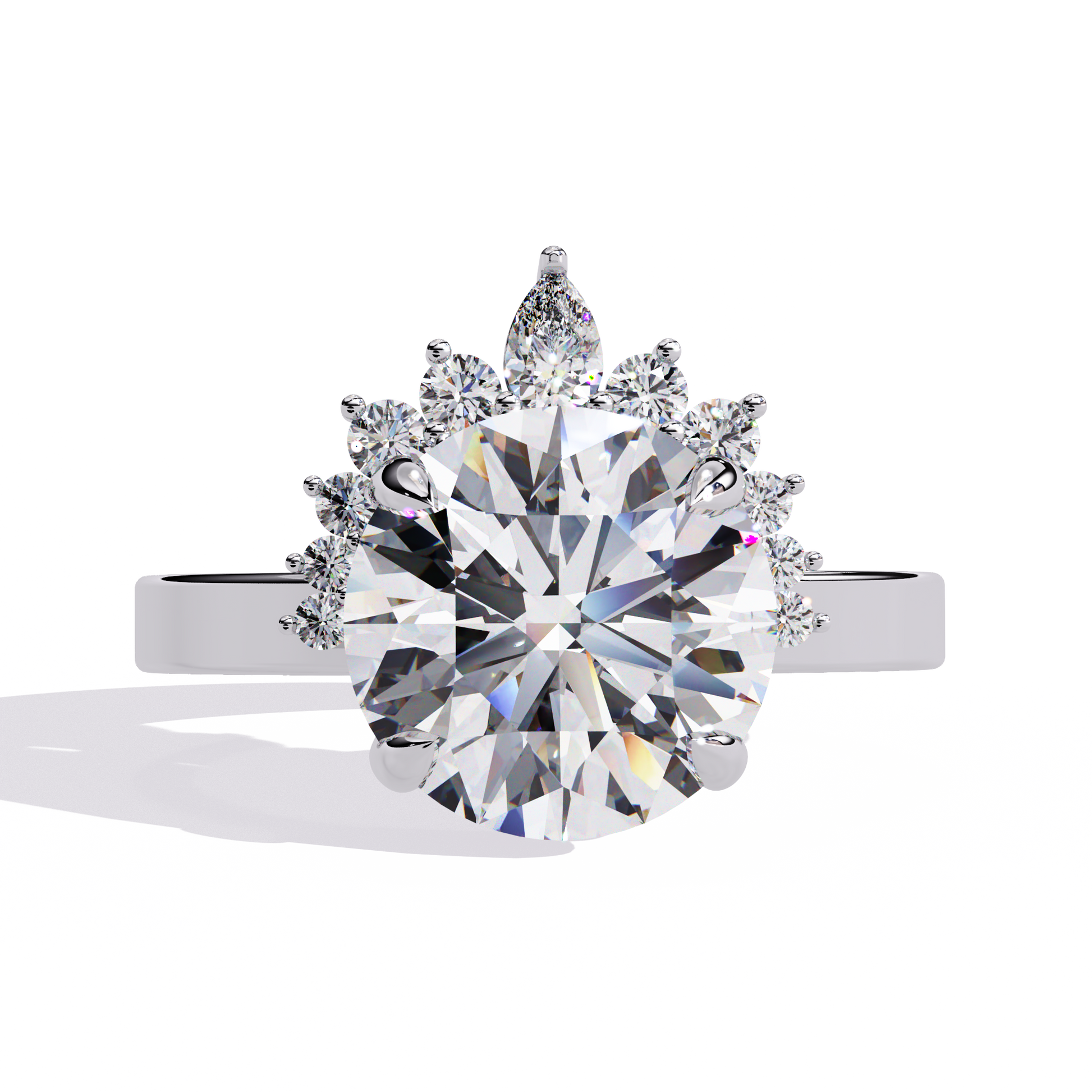 Features a commanding Round Brilliant solitaire framed by a unique half-halo crescent of shimmering accent diamonds