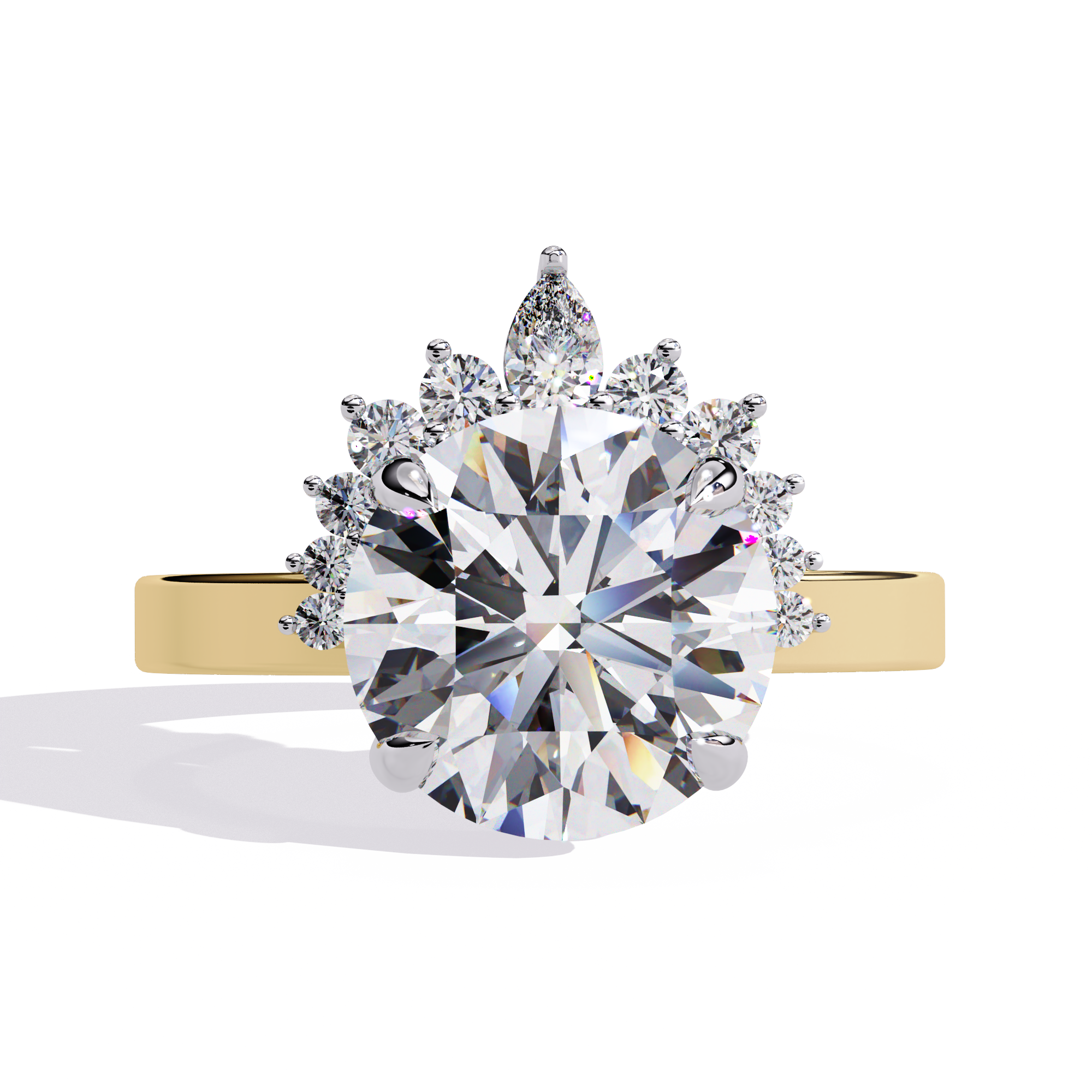 Features a commanding Round Brilliant solitaire framed by a unique half-halo crescent of shimmering accent diamonds