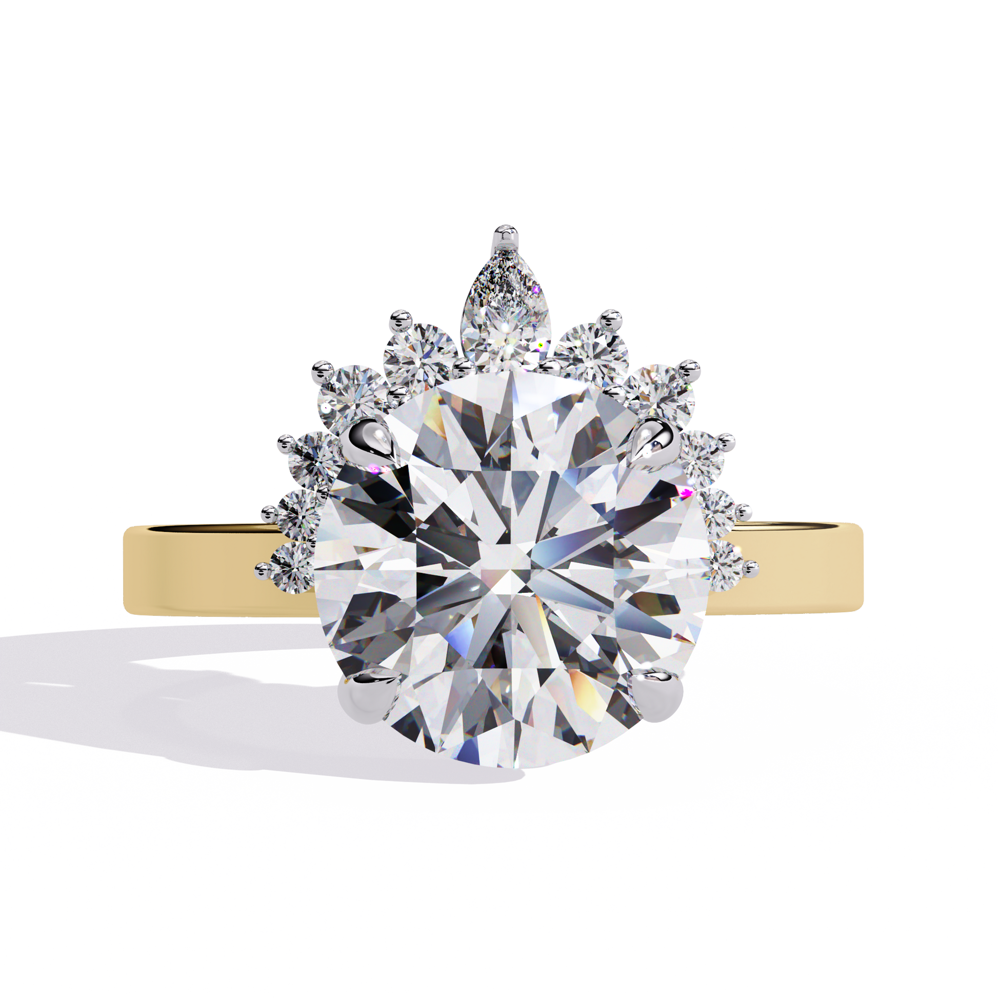 Features a commanding Round Brilliant solitaire framed by a unique half-halo crescent of shimmering accent diamonds