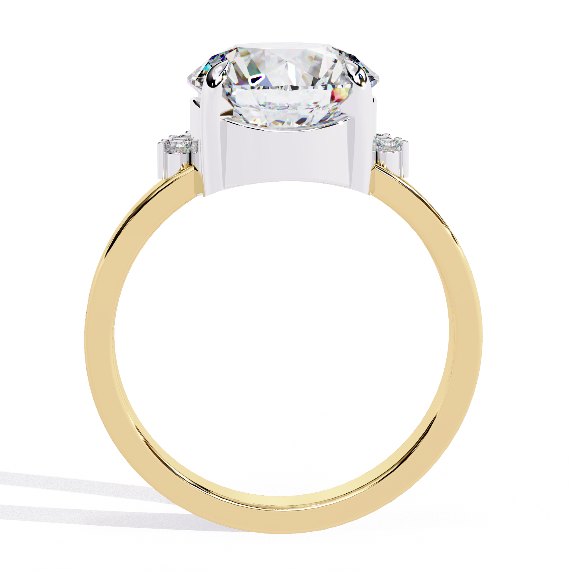 Features a commanding Round Brilliant solitaire framed by a unique half-halo crescent of shimmering accent diamonds