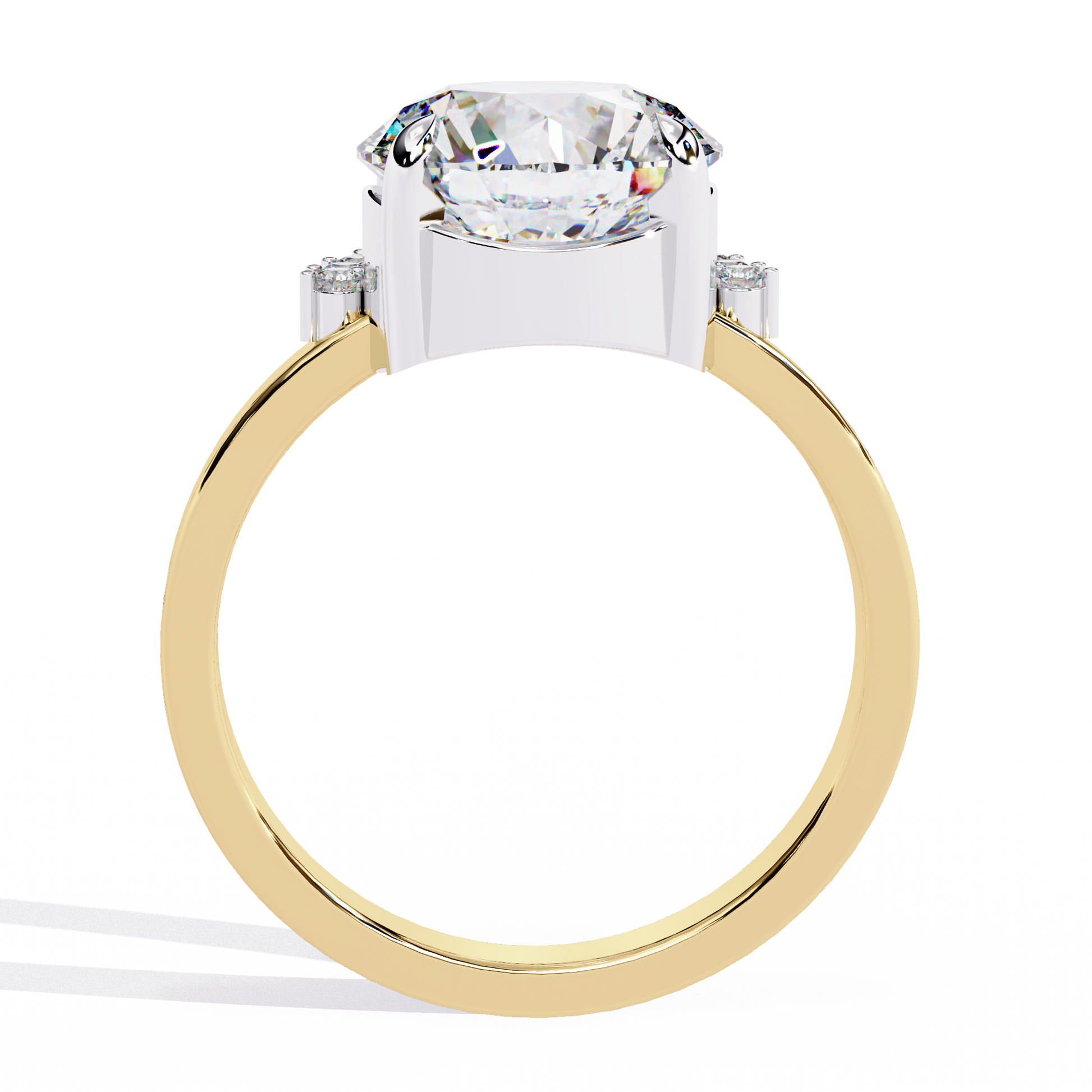 Features a commanding Round Brilliant solitaire framed by a unique half-halo crescent of shimmering accent diamonds