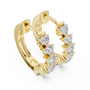 Pair of gold hoop earrings with heart-shaped diamonds on a white background