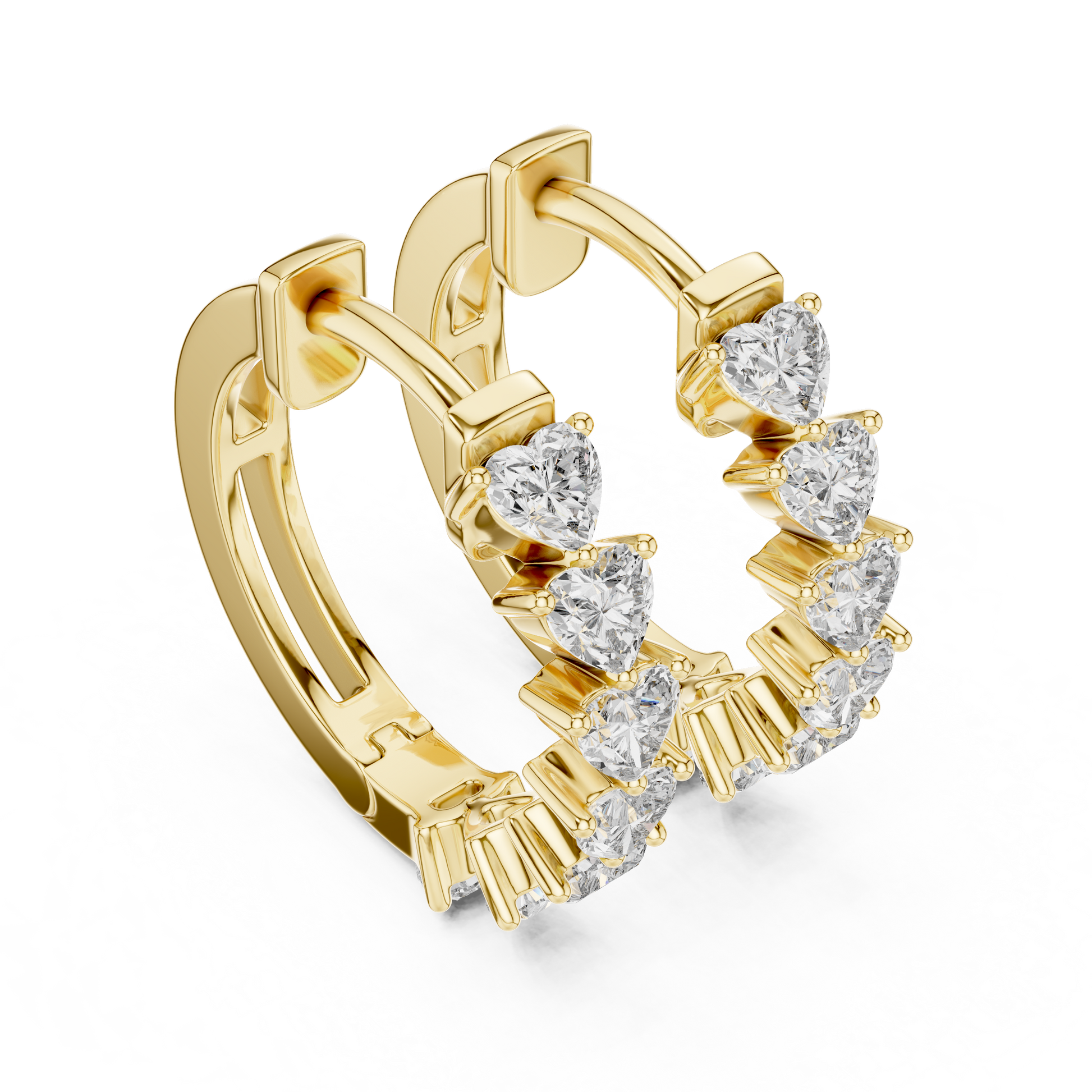 Pair of gold hoop earrings with heart-shaped diamonds on a white background