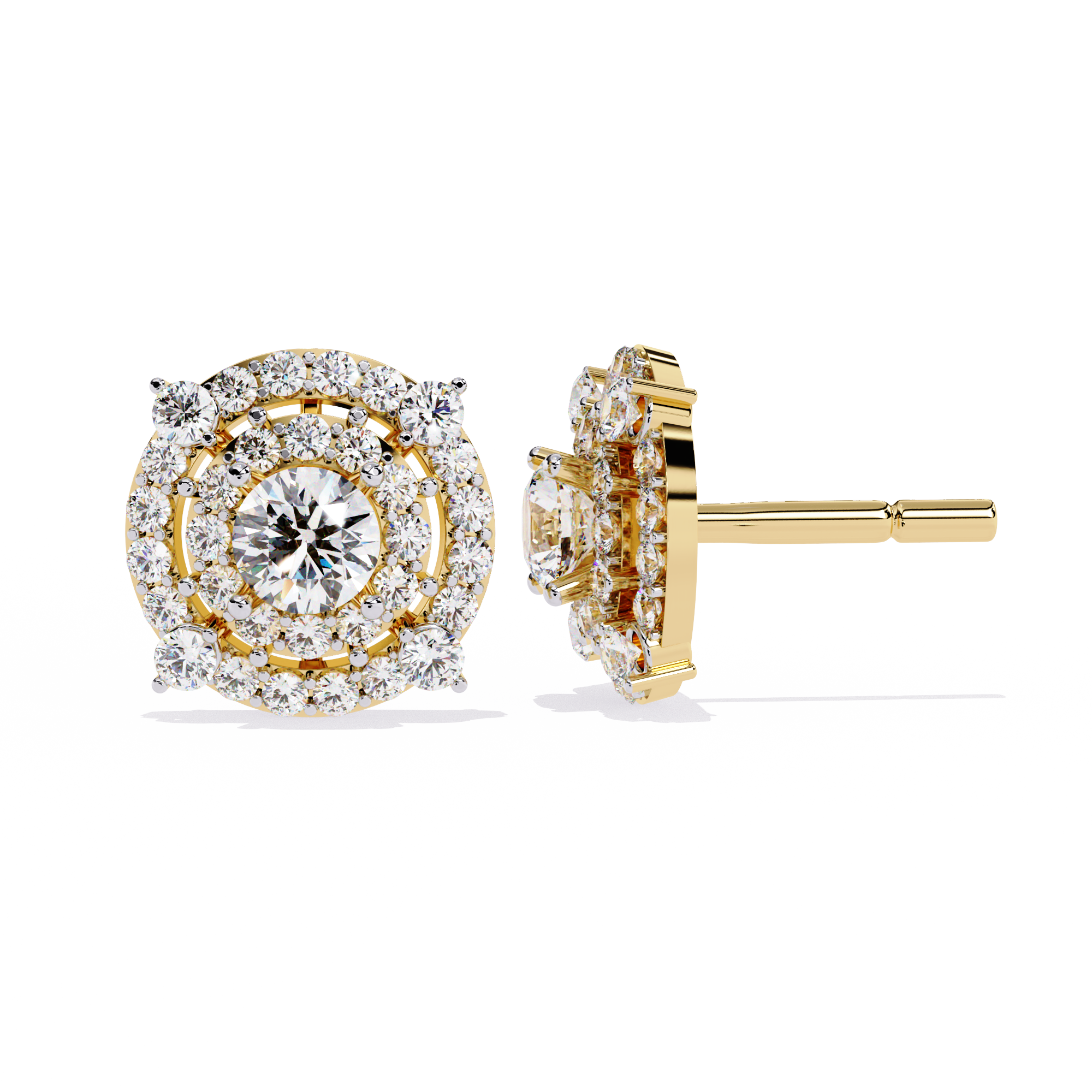 Gold and diamond earrings on a white background
