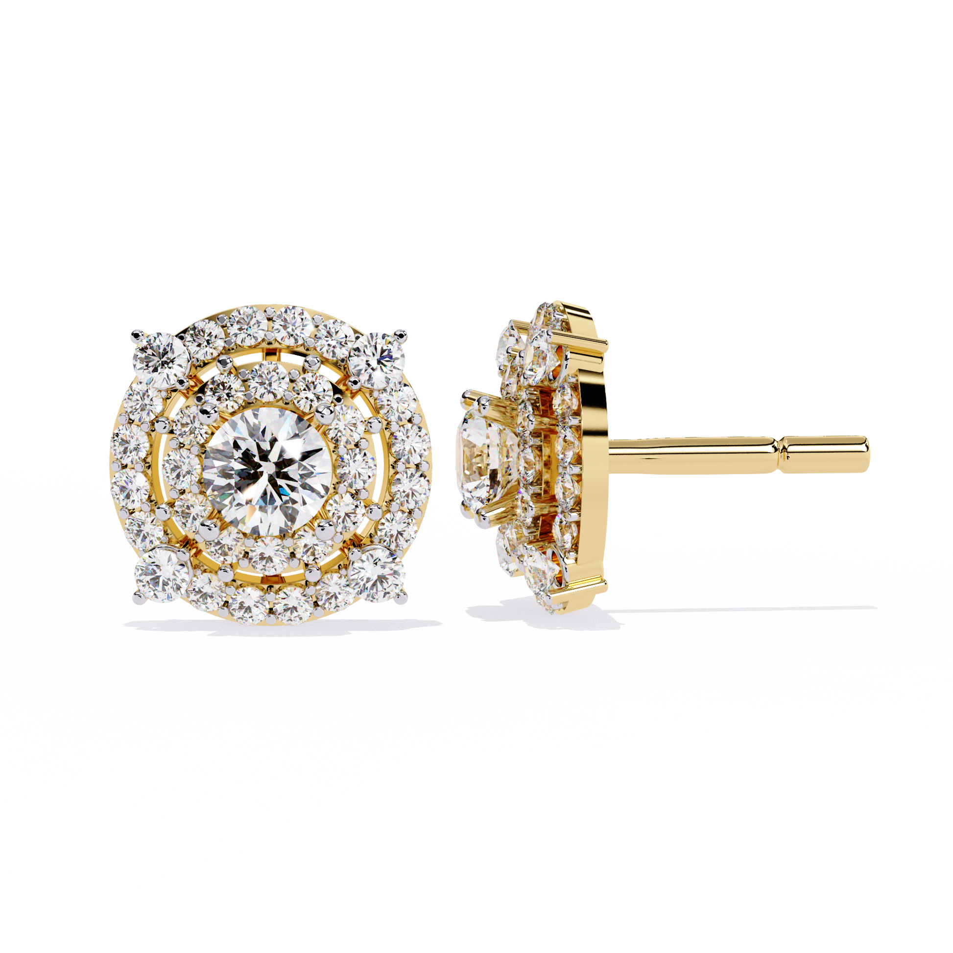 Gold and diamond earrings on a white background