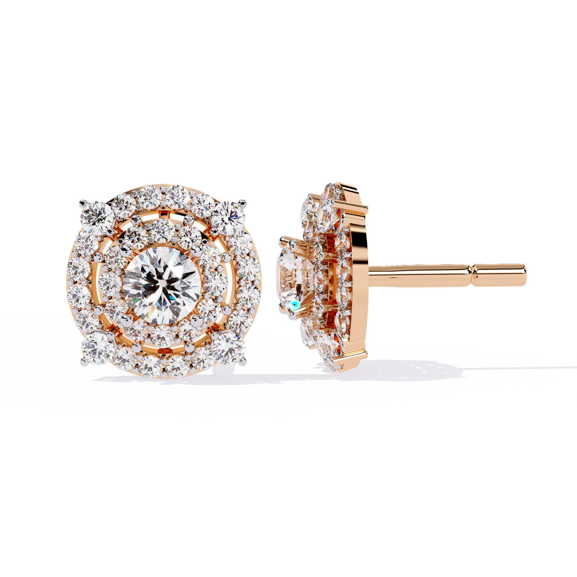 Pair of gold and diamond earrings on a white background