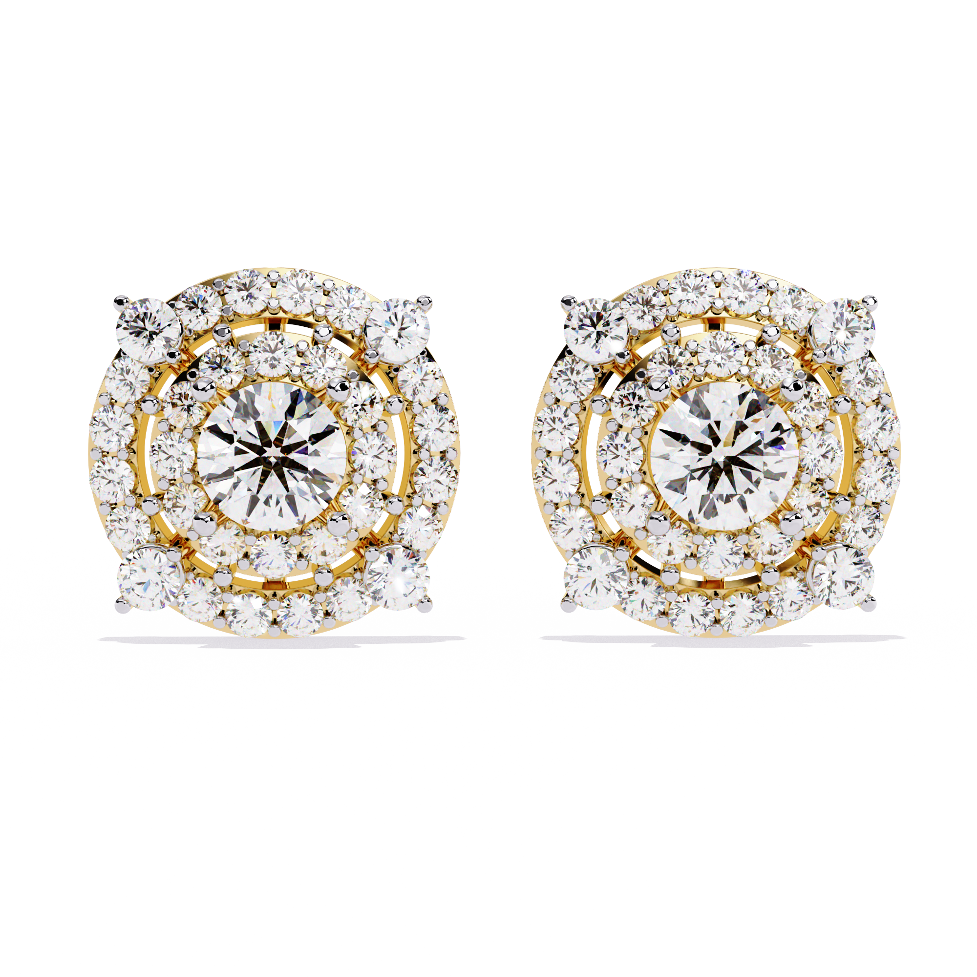 Pair of gold and diamond earrings on a white background