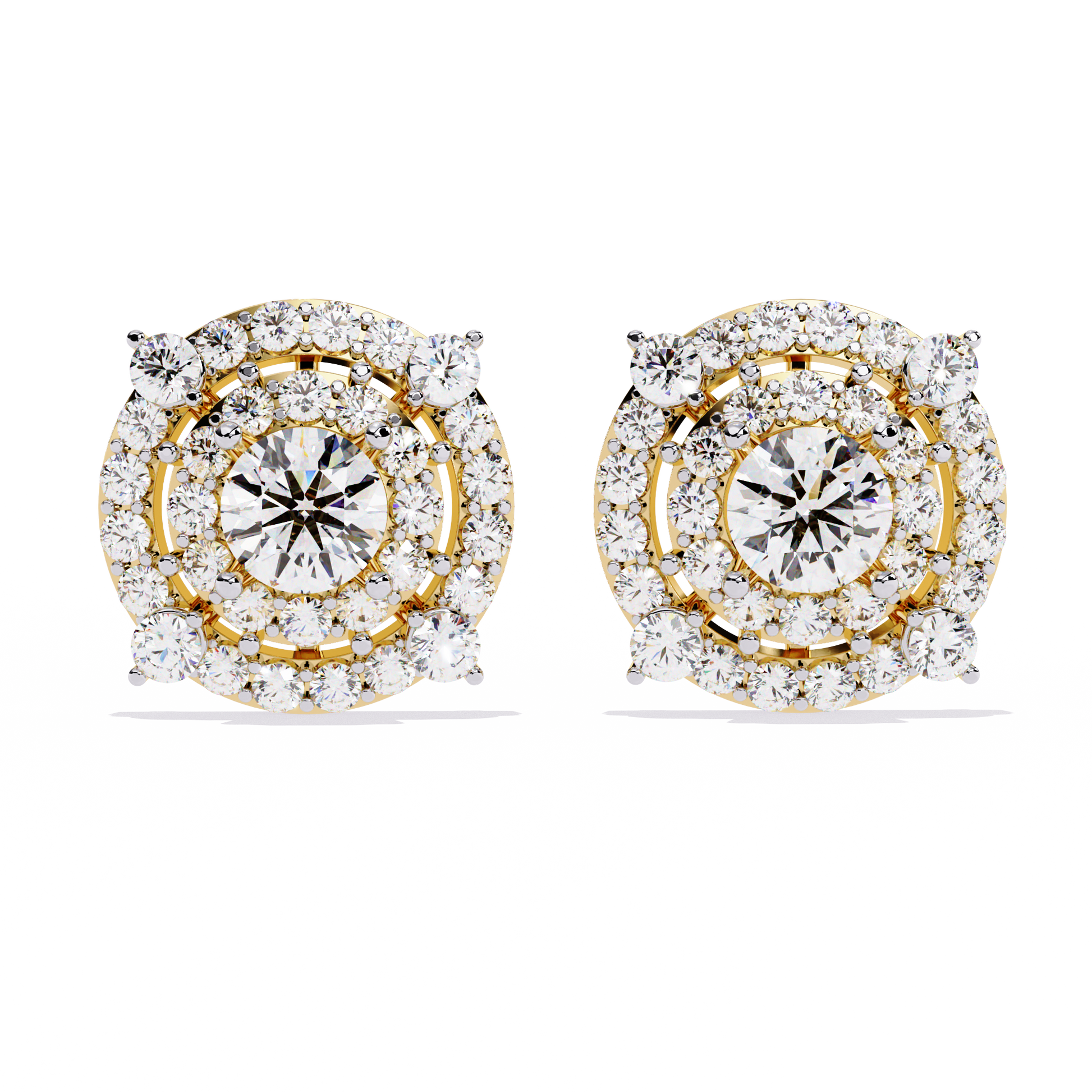 Pair of gold and diamond earrings on a white background