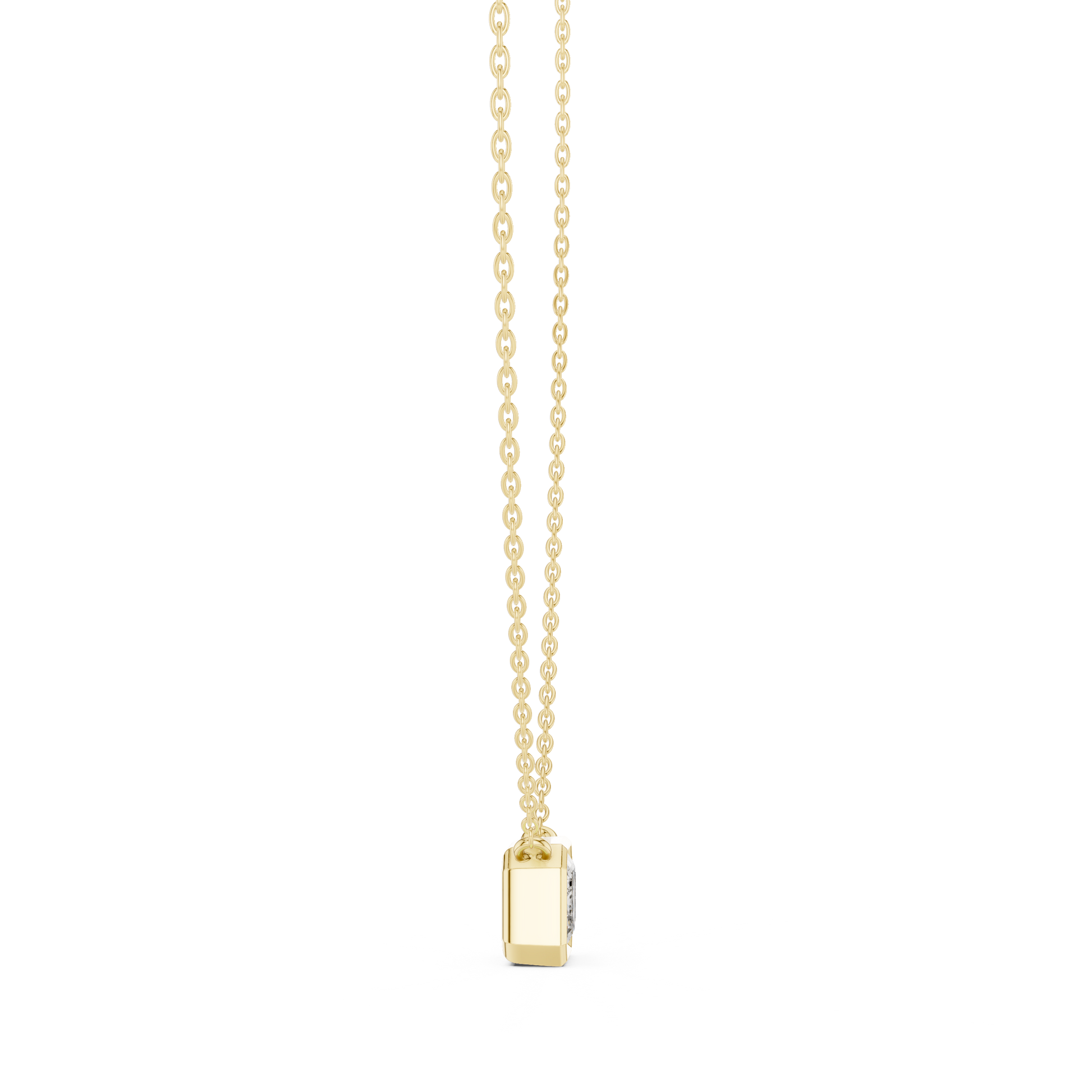 Gold necklace with a emerald pendant on a white background