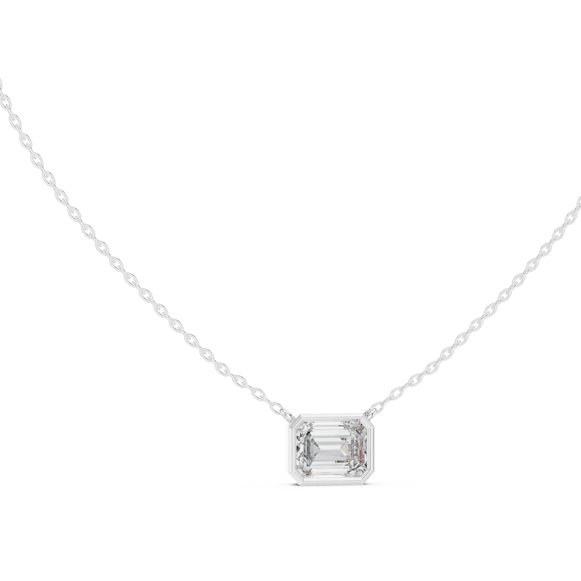 Diamond necklace with emerald-cut diamond on a white background