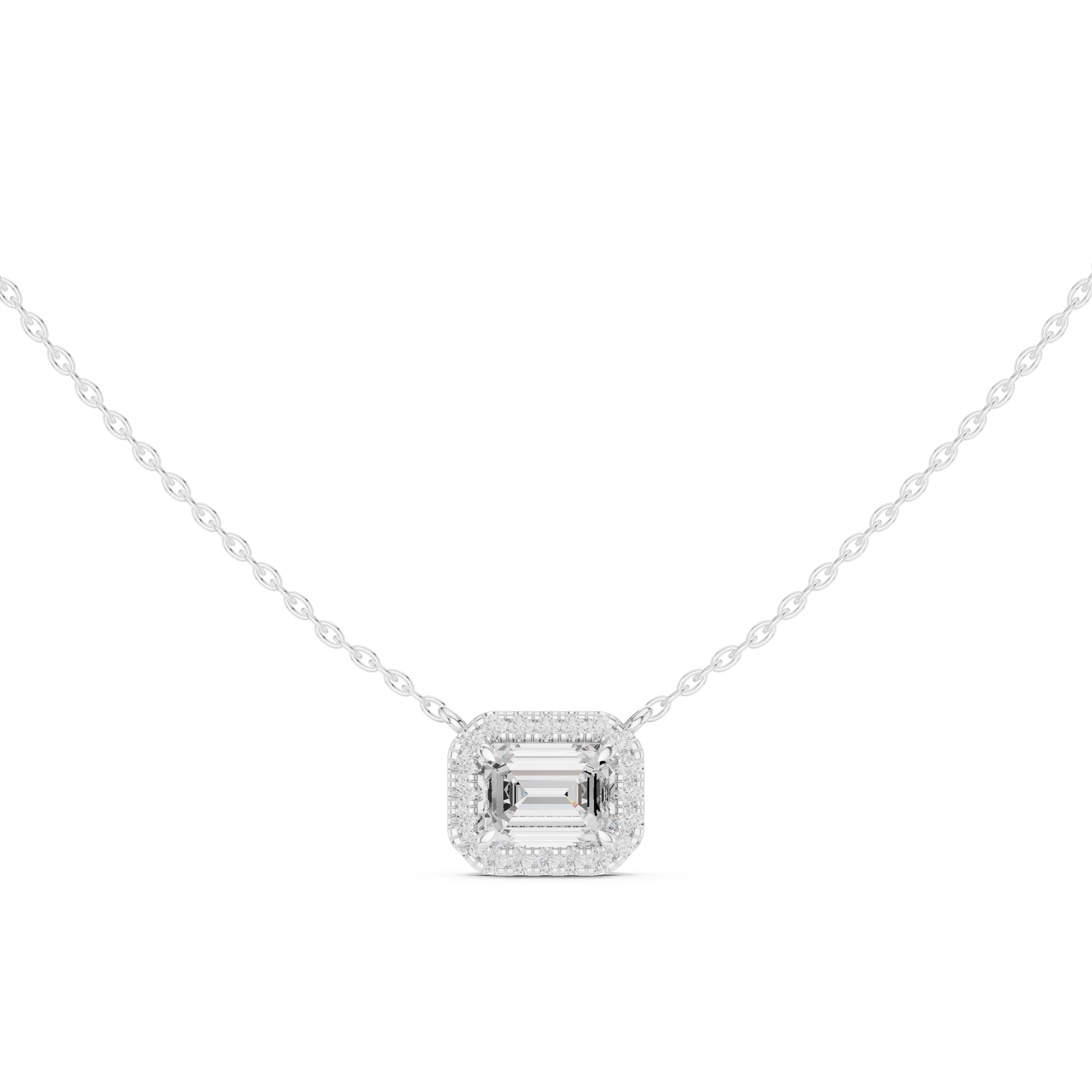 Gold necklace with a emerald diamond pendant on a white background