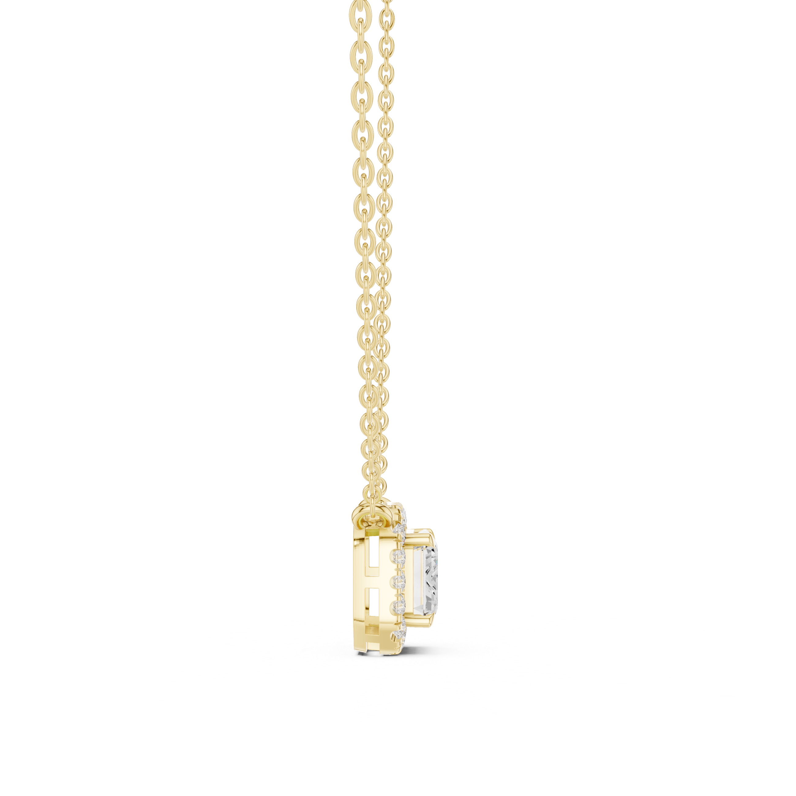 Gold necklace with a emerald diamond pendant on a white background